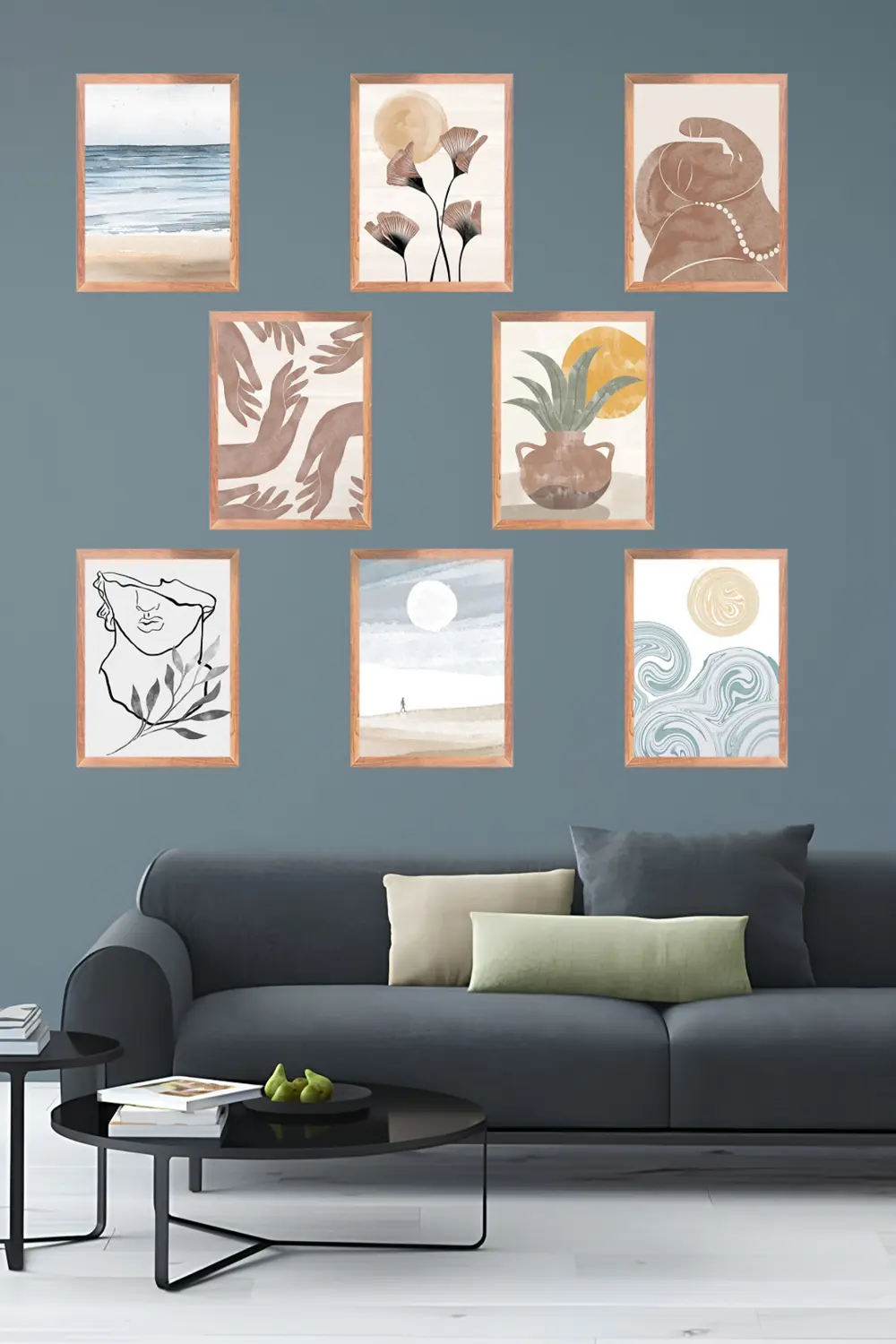Pastel Tonlar Duvar Sanatı 8' Parça Çerçeve Görünümlü Modern MDF 