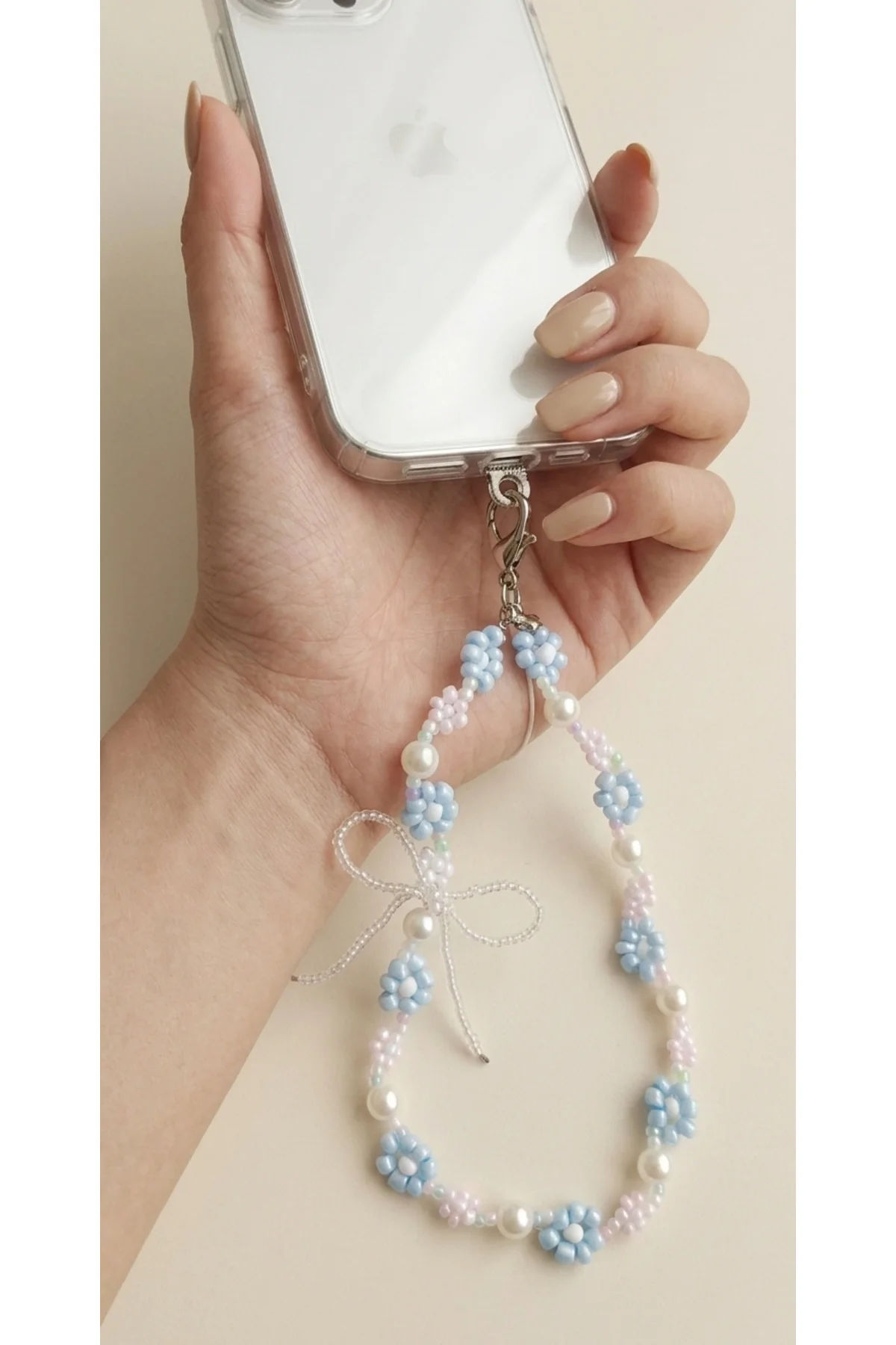 Pastel Tonlu amavi Pembe Çiçekli Telefon Bilek Askısı