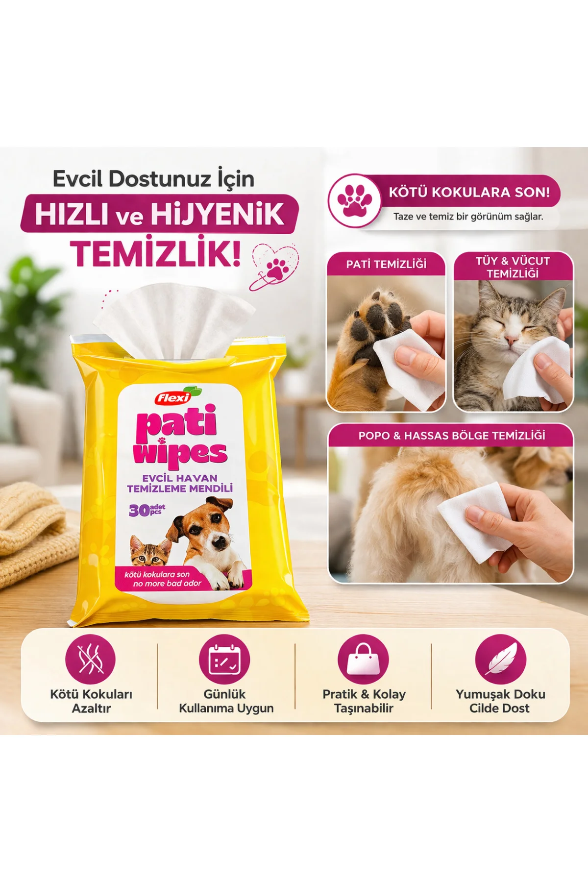 Pati Evcil Hayvan Temizleme Mendili 6 Al 5 Öde Avantaj Paket 30 Y
