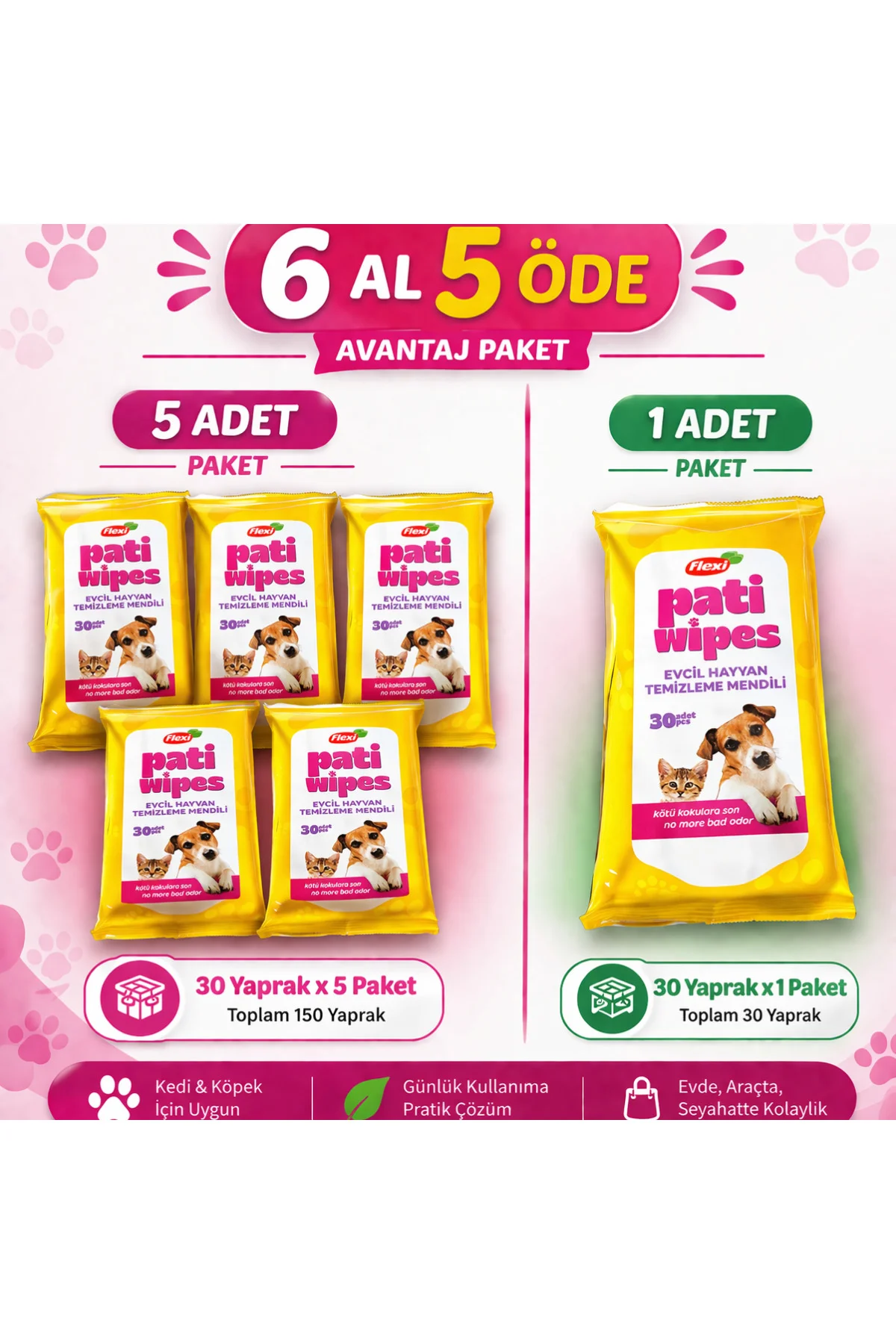 Pati Evcil Hayvan Temizleme Mendili 6 Al 5 Öde Avantaj Paket 30 Y