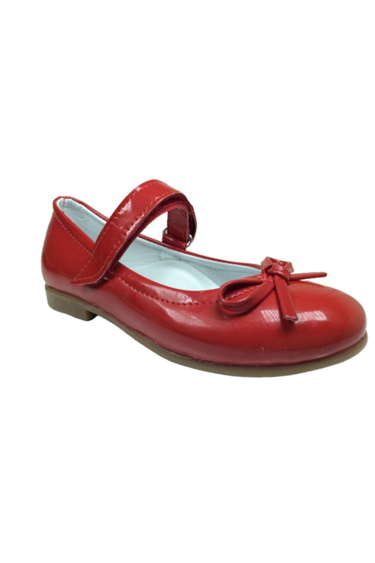 Ortaç Patik Kırmızı Rugan Bıyık Fiyonk Kız Çocuk Babet Ayakkabı İçi Der