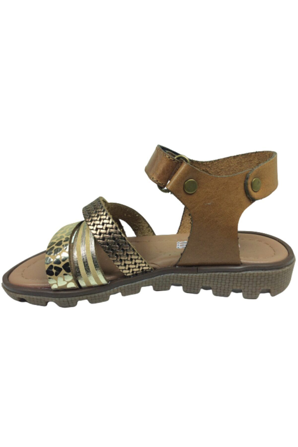 Patik Kız Çocuk Sandalet Kahverengi Önü Dore Baskılı Atkılı Bilek
