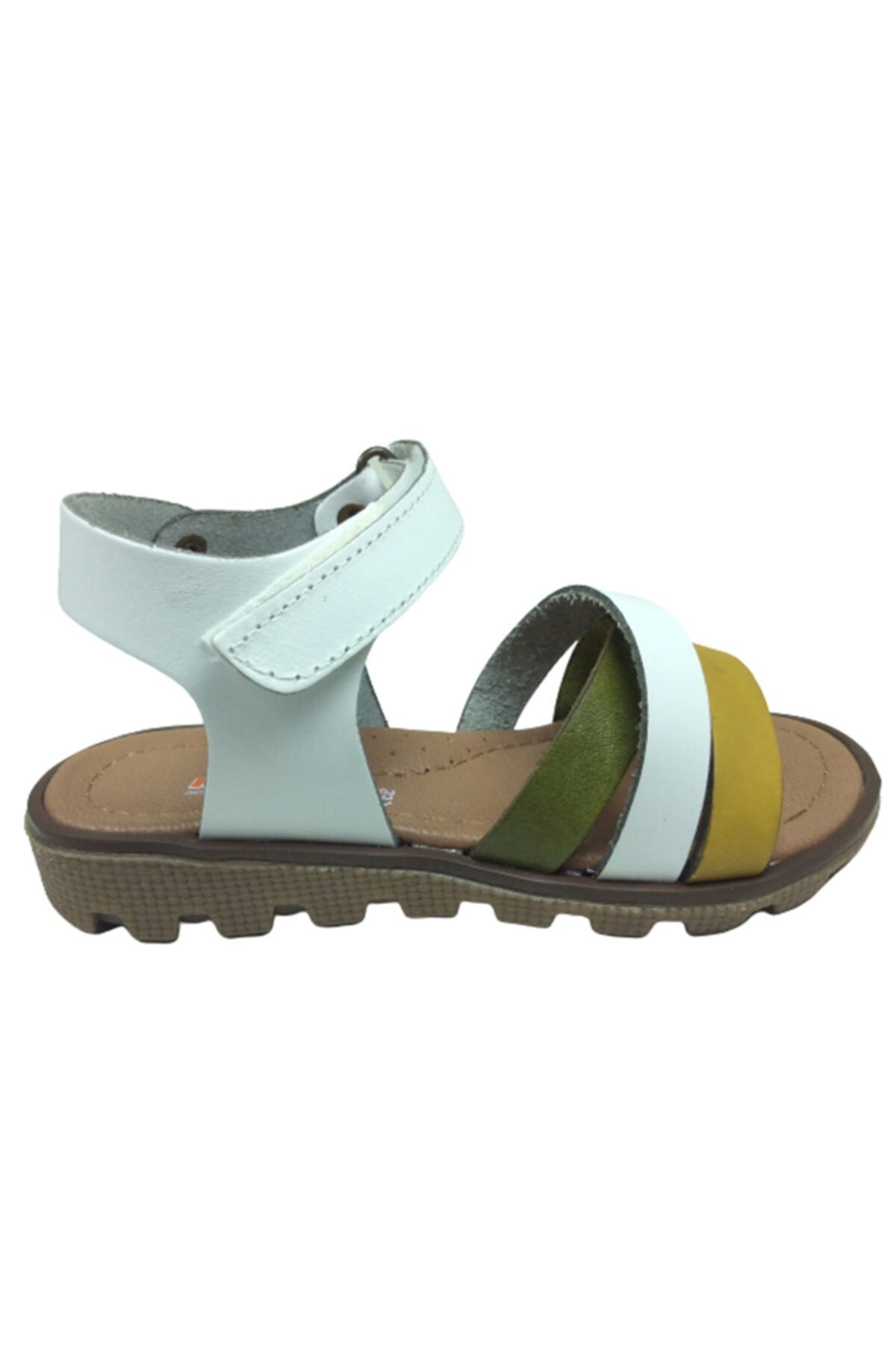 Patik Kız Çocuk Sandalet Beyaz Önü Hardal Beyaz Yeşil Atkılı Bile