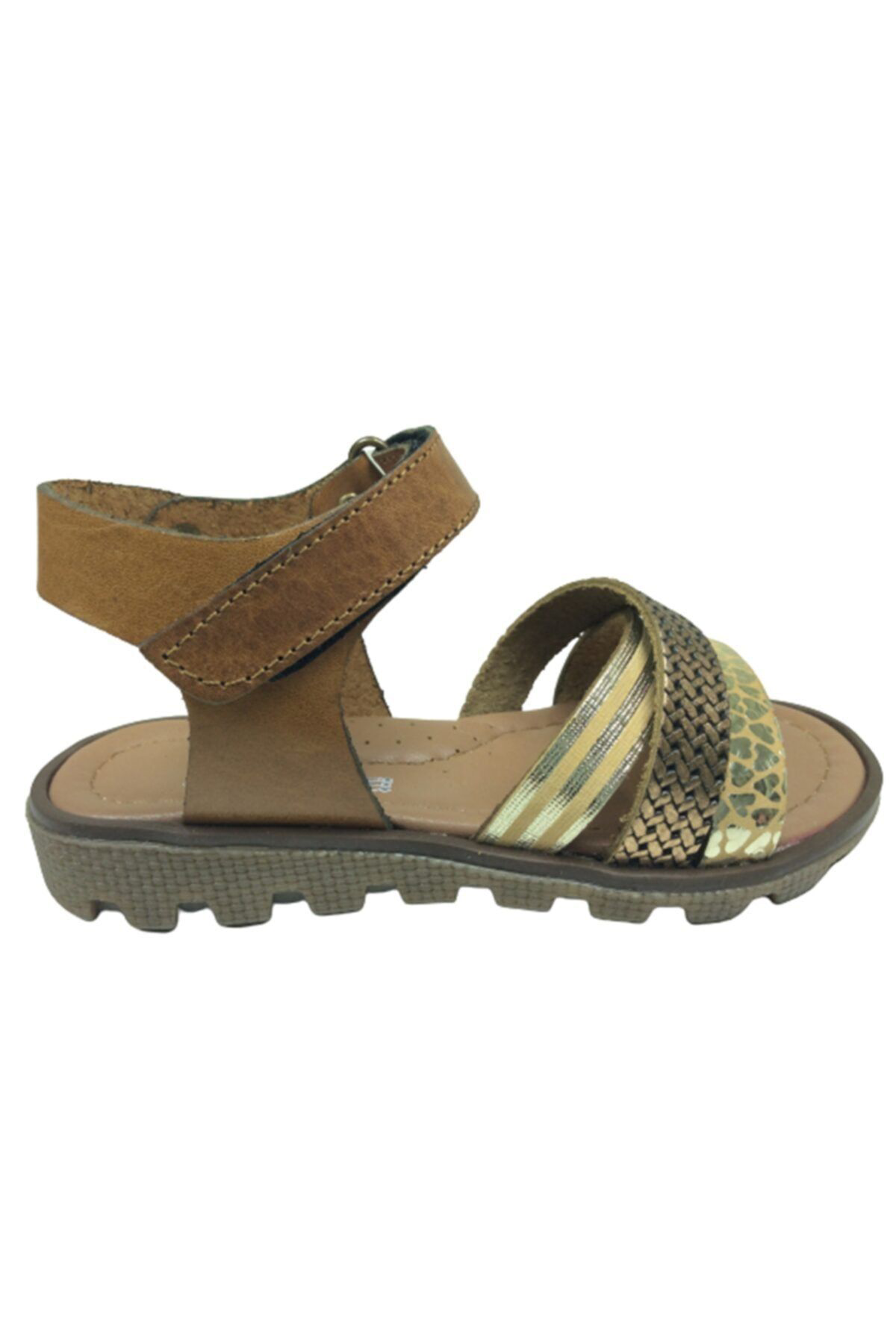 Patik Kız Çocuk Sandalet Kahverengi Önü Dore Baskılı Atkılı Bilek
