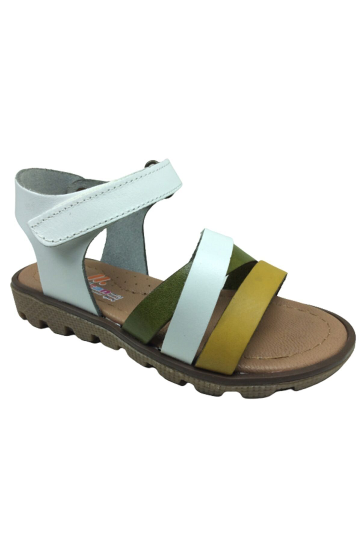 Patik Kız Çocuk Sandalet Beyaz Önü Hardal Beyaz Yeşil Atkılı Bile