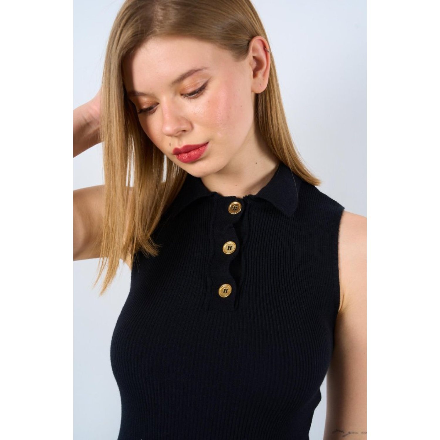 Patlı Düğmeli Triko Atlet - Siyah