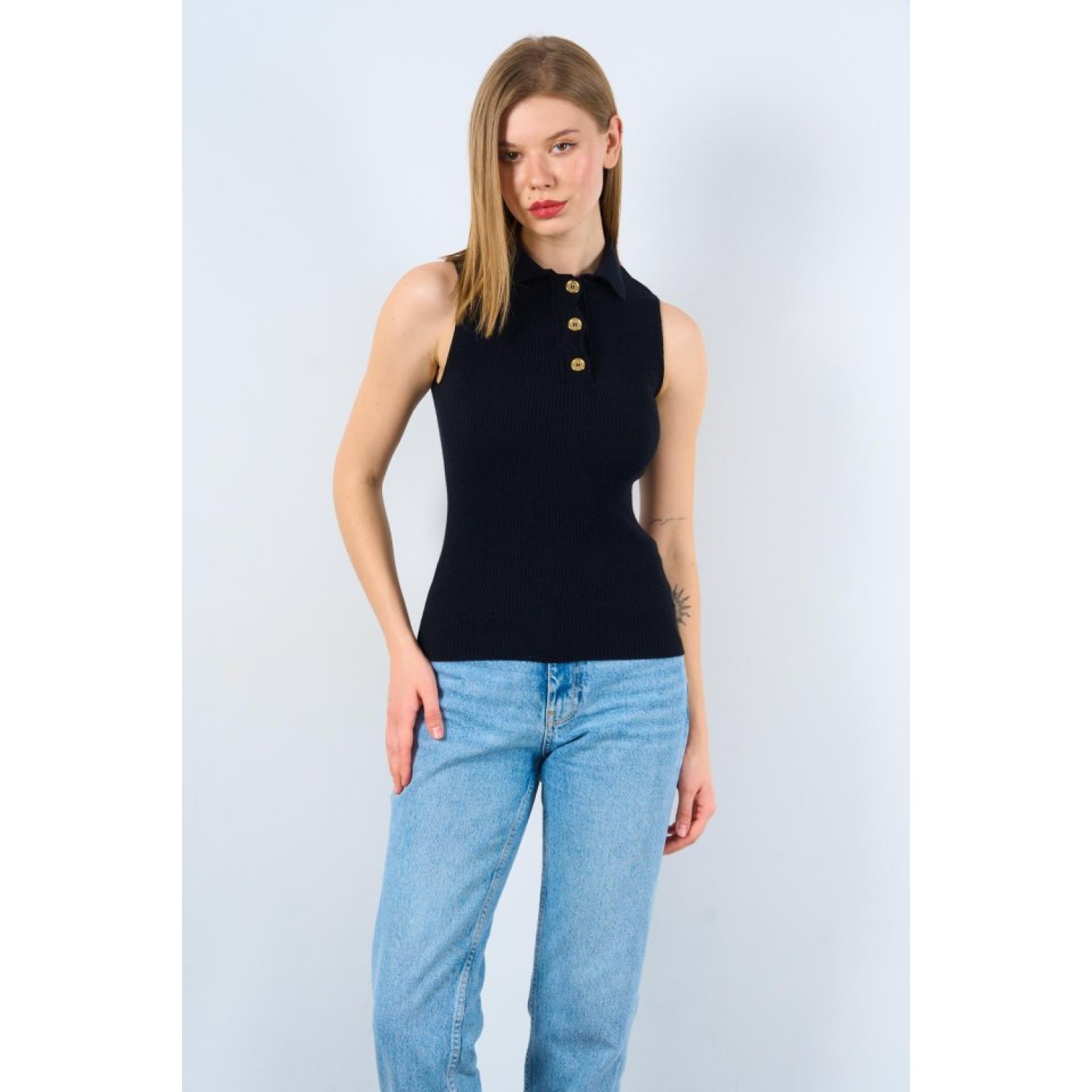 Patlı Düğmeli Triko Atlet - Siyah