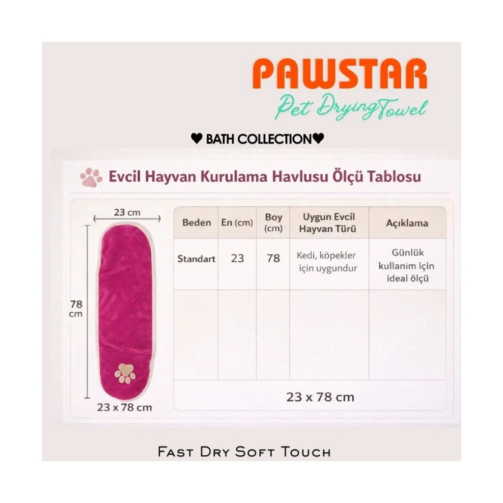 Pawstar Kedi  Köpek Banyo Kurulama Elcikli Havlu Turkuaz 23x78cm 