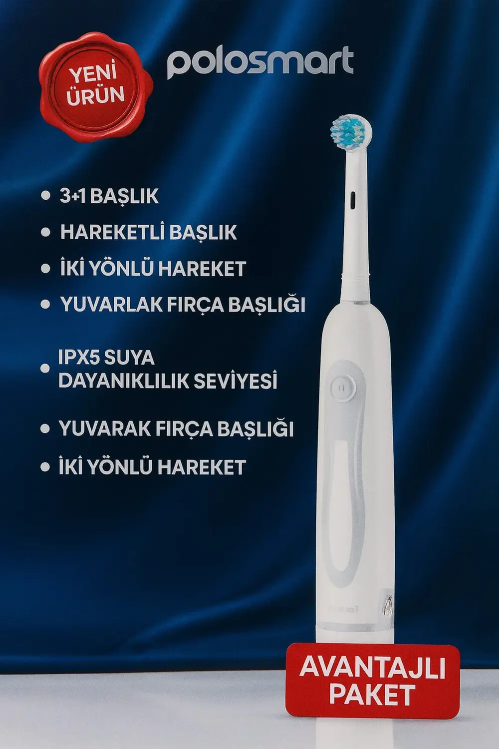 PBS-903 Pilli Diş Fırçası – 3+1 Başlık – IPX5 – Orta Sertlik-İki