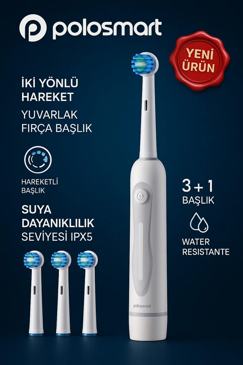 PBS-903 Pilli Diş Fırçası – 3+1 Başlık – IPX5 – Orta Sertlik-İki