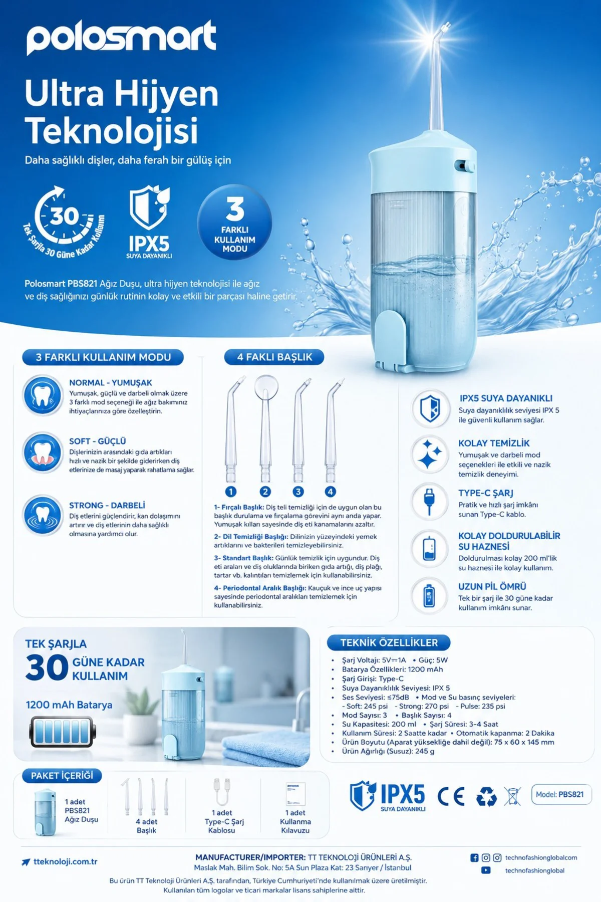 PBS821 Şarjlı Ağız Duşu – 3 Modlu, 4 Başlıklı, IPX5 Suya Dayanıkl PBS821 Şarjlı Ağız Duşu – 3 Modlu, 4 Başlıklı, IPX5 Suya Dayanıkl