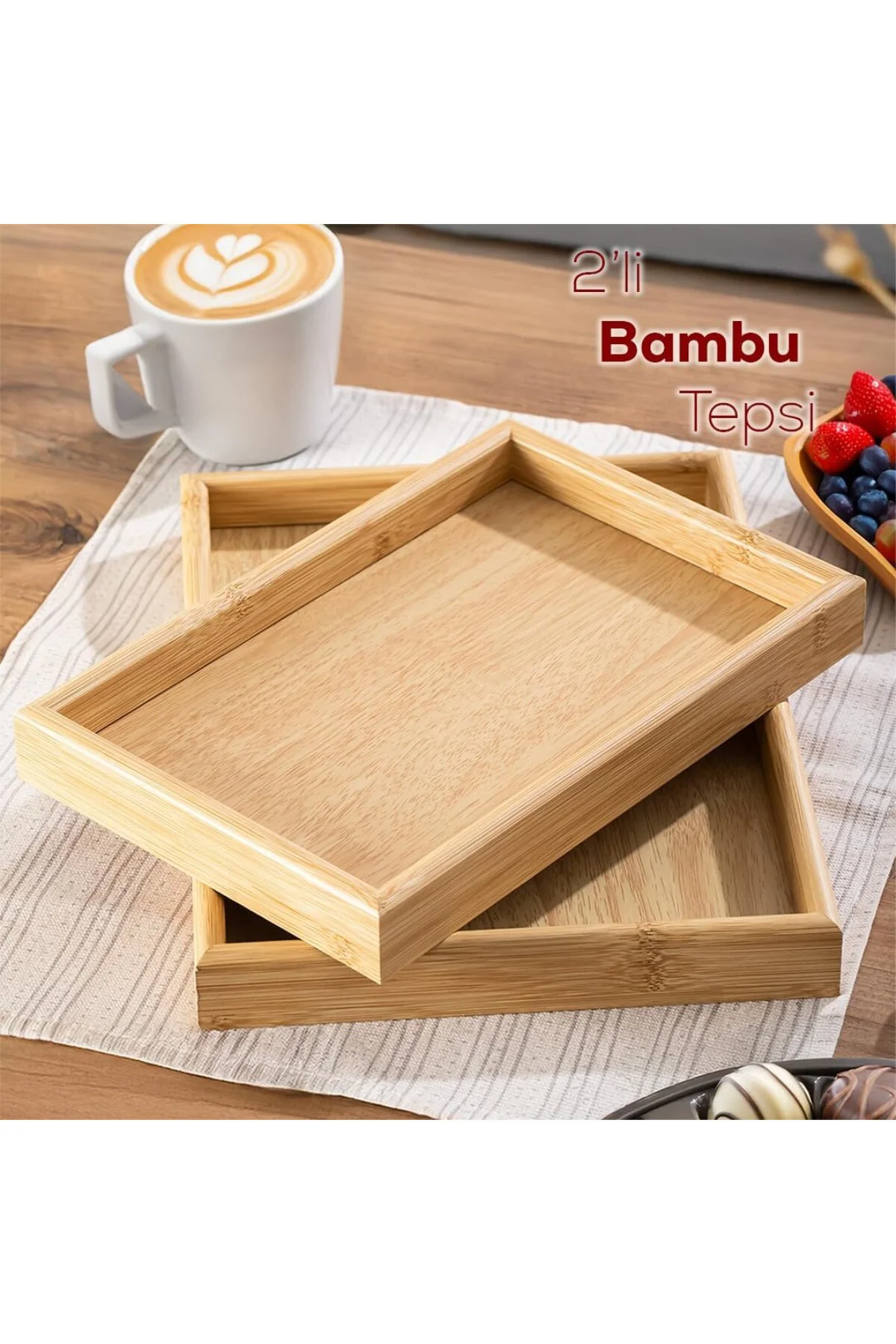 Pbt-362 Ahşap Tepsi 2li Set Çay Kahve Bambu Sunumu Tepsi Seti