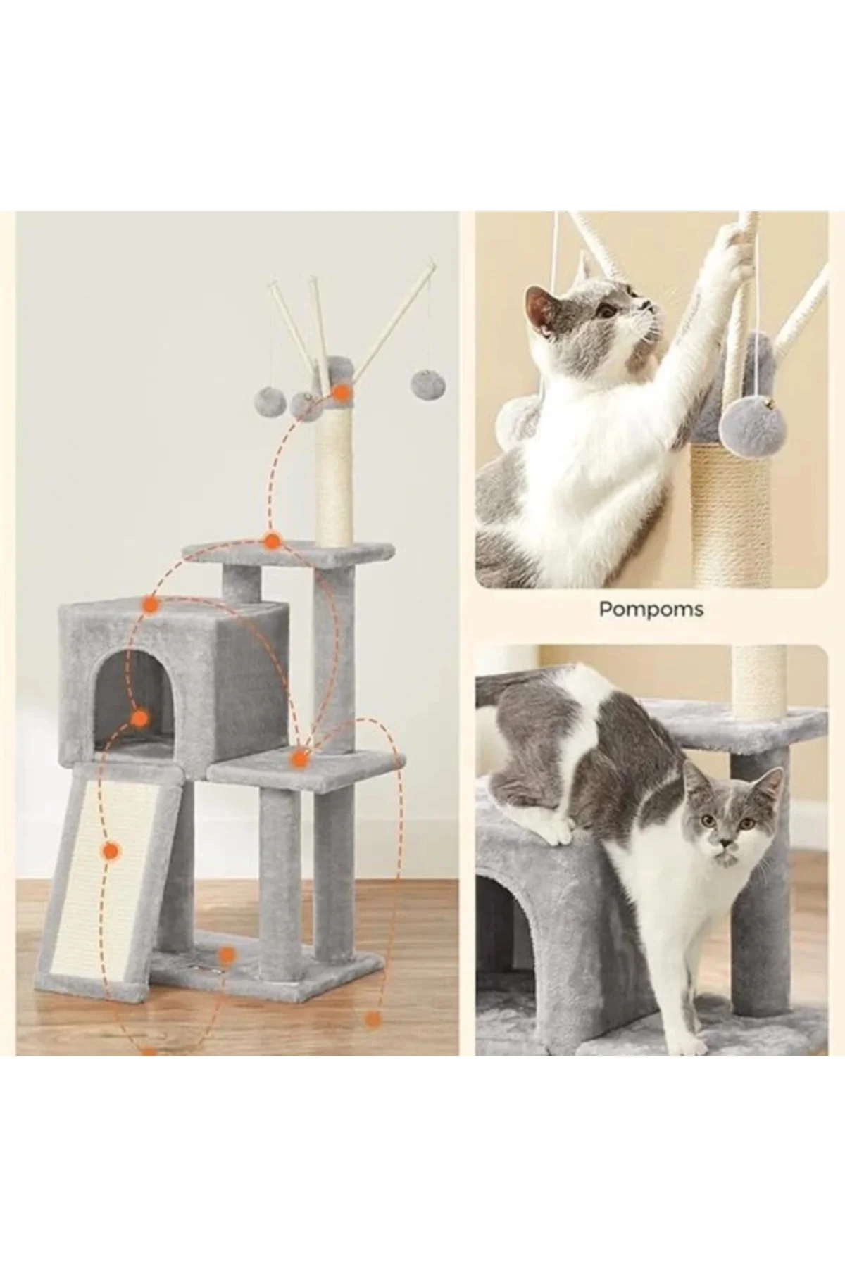 PCT143W01 kedi ağacı, tırmalama tahtalı, 3 çıkarılabilir ponpon ç