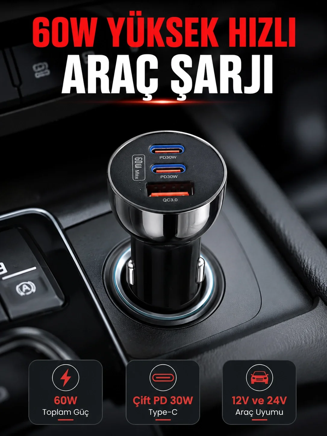 PD 30W Çift USB-C Araç Şarj Cihazı 60W Hızlı Şarj Adaptörü