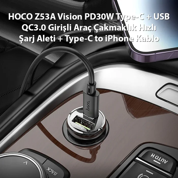 PD 30W Type-C + USB QC 3.0 Araç Şarj Cihazı - iPhone Kablo Hediyeli