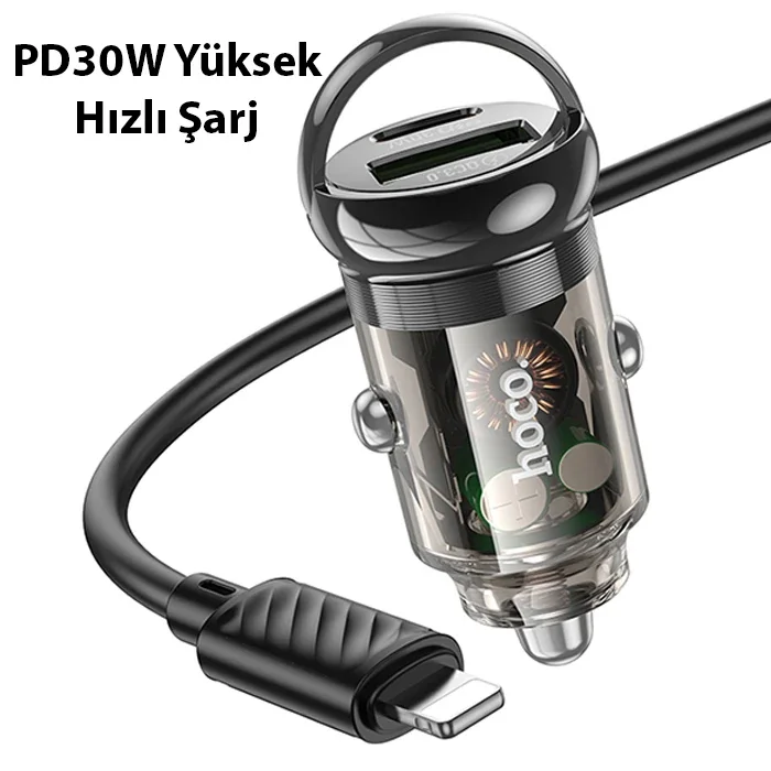 PD 30W Type-C + USB QC 3.0 Araç Şarj Cihazı - iPhone Kablo Hediyeli