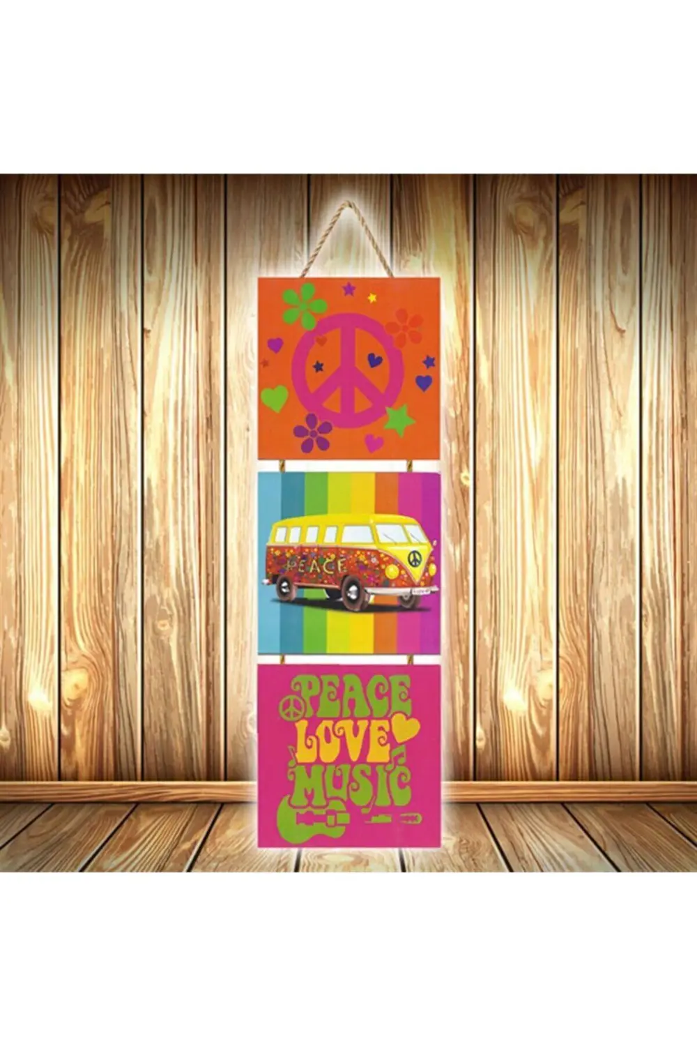 Peace Love Music Tasarımlı Üçlü Retro Ahşap Poster Ü572