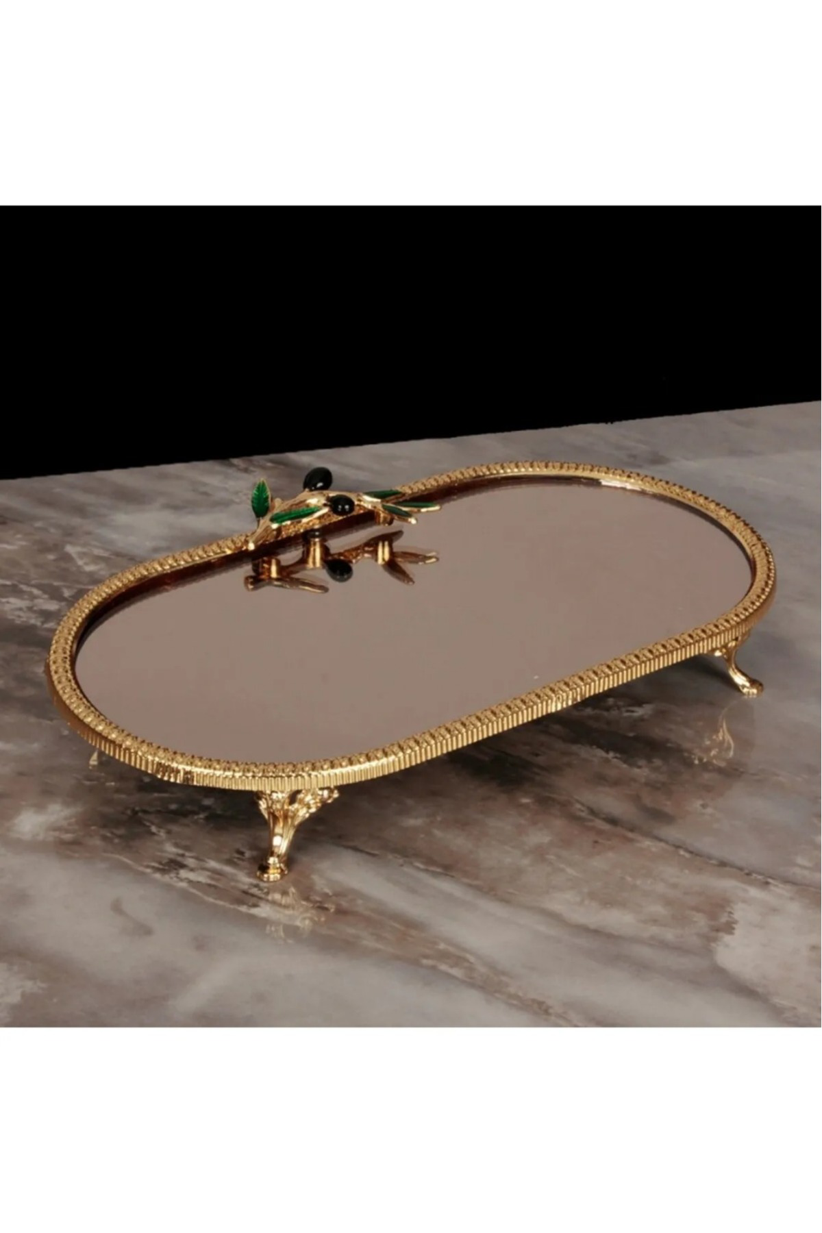 Elif Aksesuar Peace Oval Aynalı Dört Ayaklı Tepsi Küçük Boy - Gold