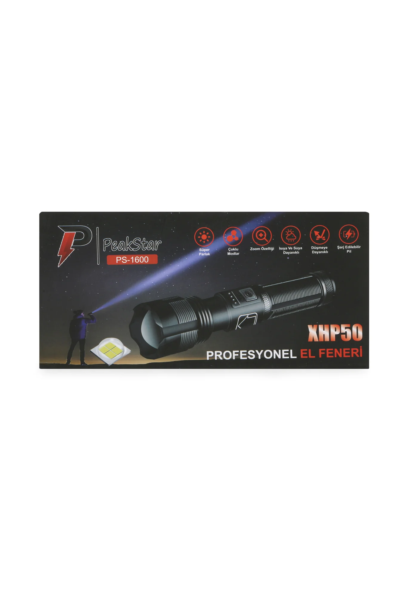 PeakStar Ps-1600 Süper Parlak Led Zoomlu 5 Mod Su Geçirmez Profesyonel Kamp Bekçi cı Feneri