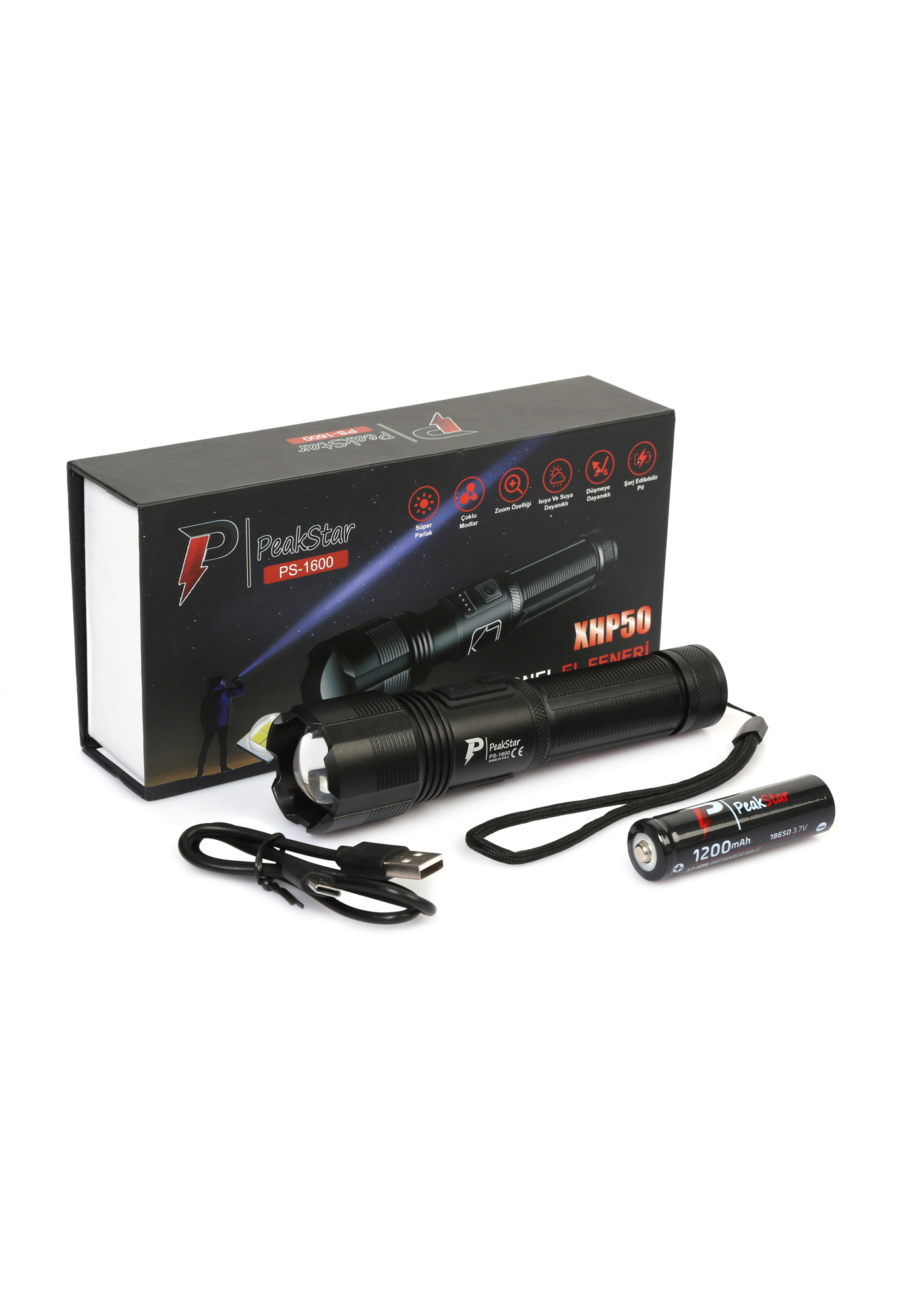 PeakStar Ps-1600 Süper Parlak Led Zoomlu 5 Mod Su Geçirmez Profes