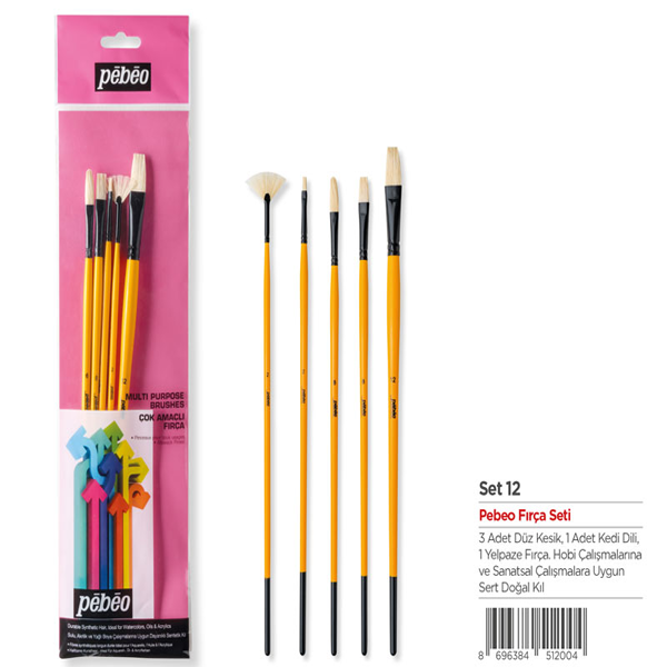 Pebeo Fırça Seti Beyaz Brıstel Kıl Uzun Sap No:2-6-8-12+Yelpaze F