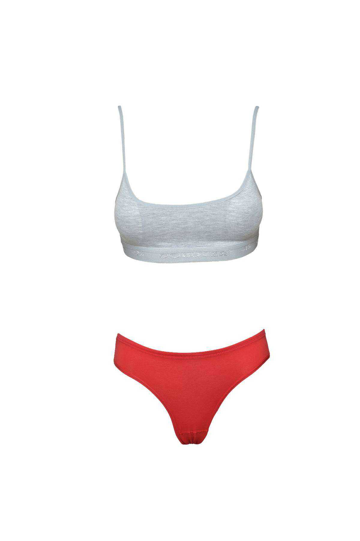 Just Cheap Store Pedli İp Askili Yarim Atlet Büstiyer Külot Takim Gri Kirmizi