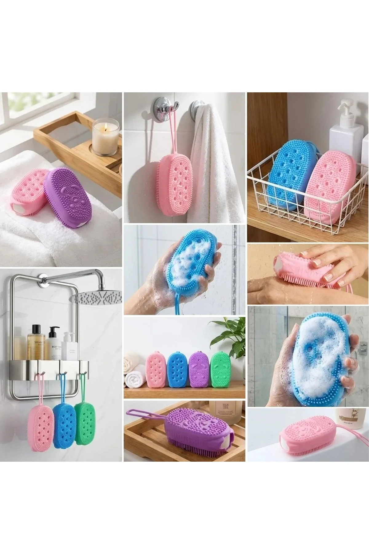 Peeling Etkili Süngerli Silikon Banyo Lifi – Asma Kancalı Duş Kesesi