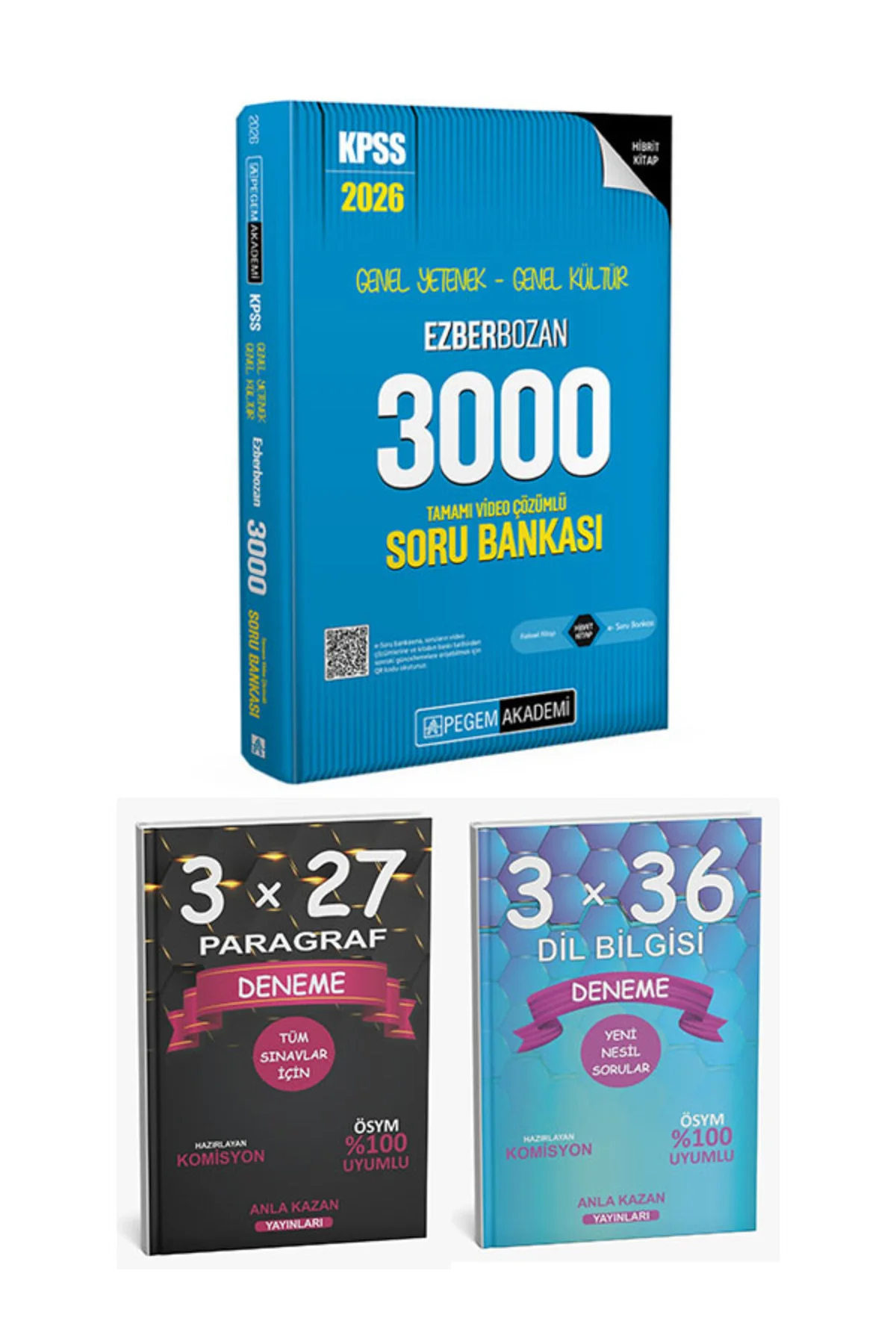 Pegem + Anla Kazan 2026 KPSS Ezberbozan 3000 Soru + Paragraf Deneme + Dil Bilgisi Deneme 3 lü Set