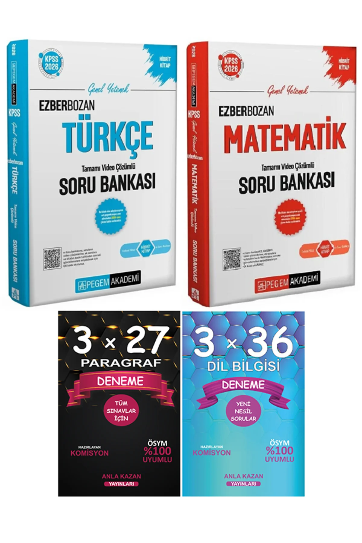 Pegem + Anla Kazan KPSS Ezberbozan Türkçe Matematik Soru Paragraf + Dil Bilgisi Deneme 4 lü Set