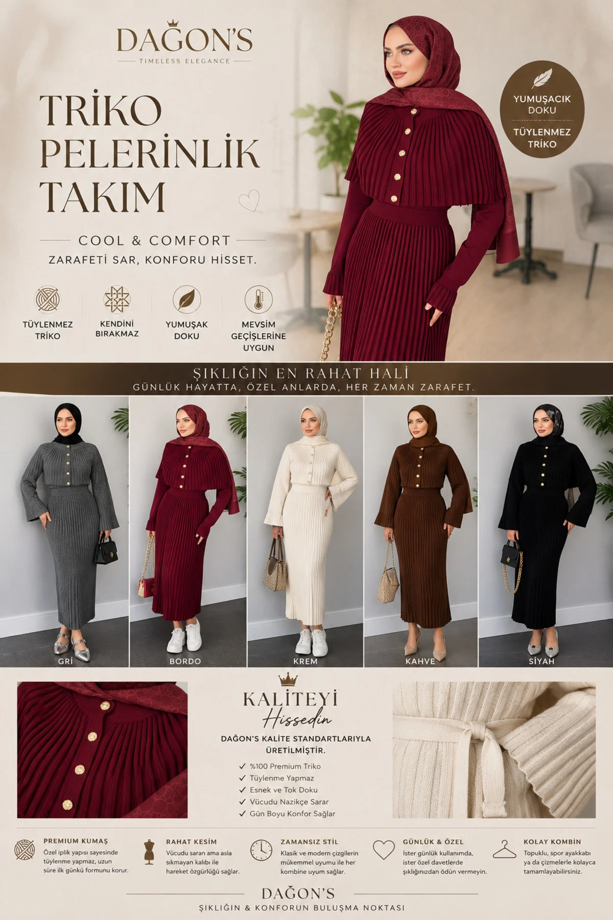 Pelerinli Düğme Detaylı Kadın Triko Piliseli Elbise Fiyatı, Yorumları ve Özellikleri