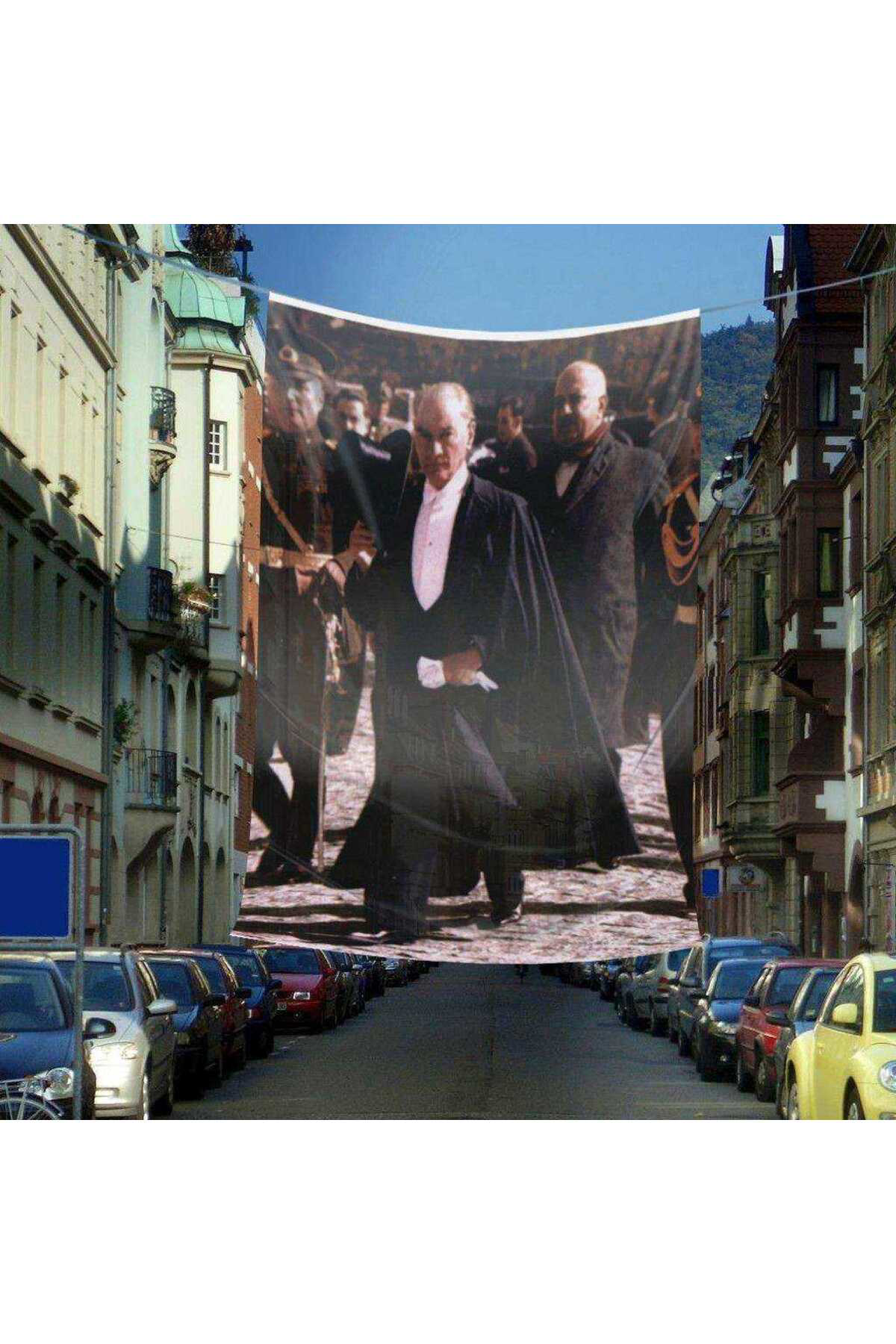 Pelerinli Gazi Mustafa Kemal Atatürk Poster Cephe Bayrağı-6x9 met