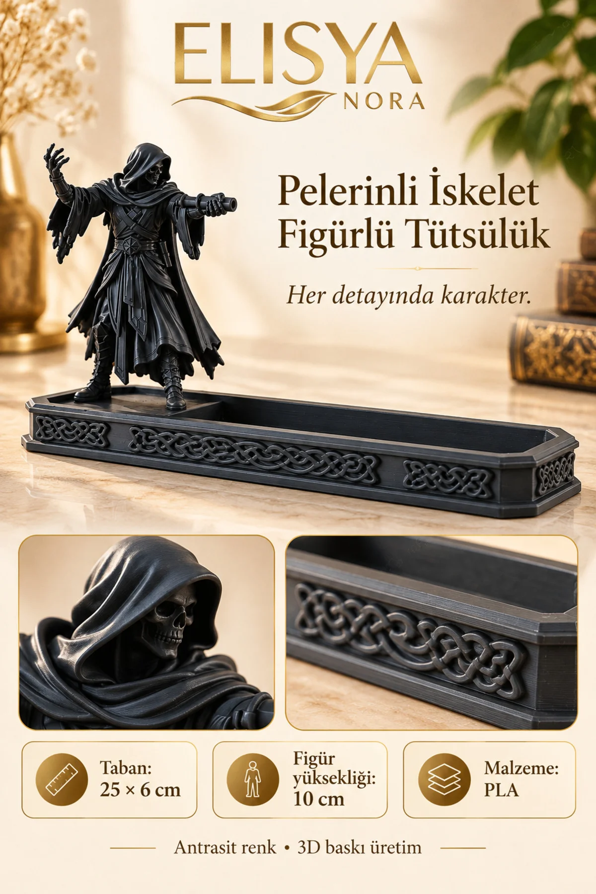 Pelerinli İskelet Figürlü Dekoratif Tütsülük Gotik Tütsü Standı - Görsel 3