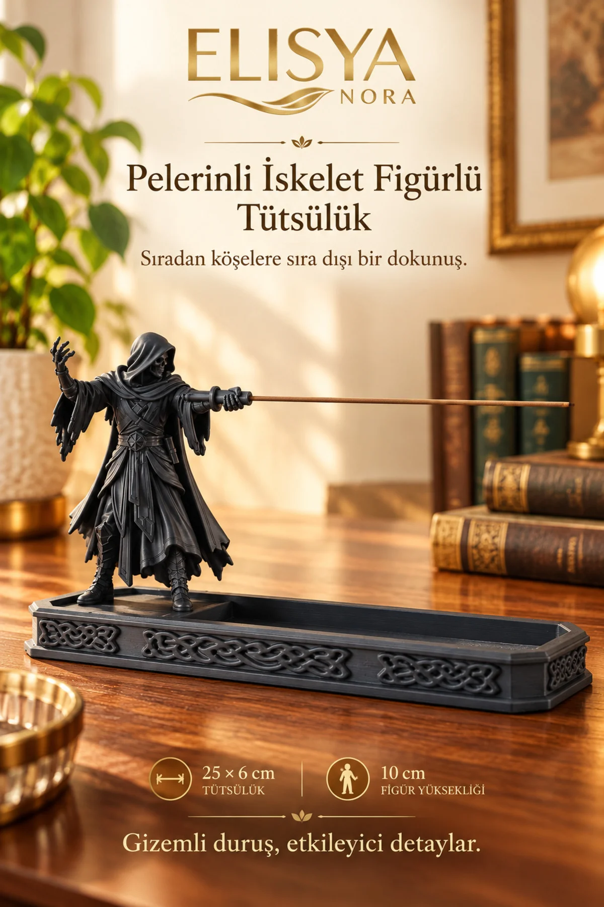 Pelerinli İskelet Figürlü Dekoratif Tütsülük Gotik Tütsü Standı - Görsel 2