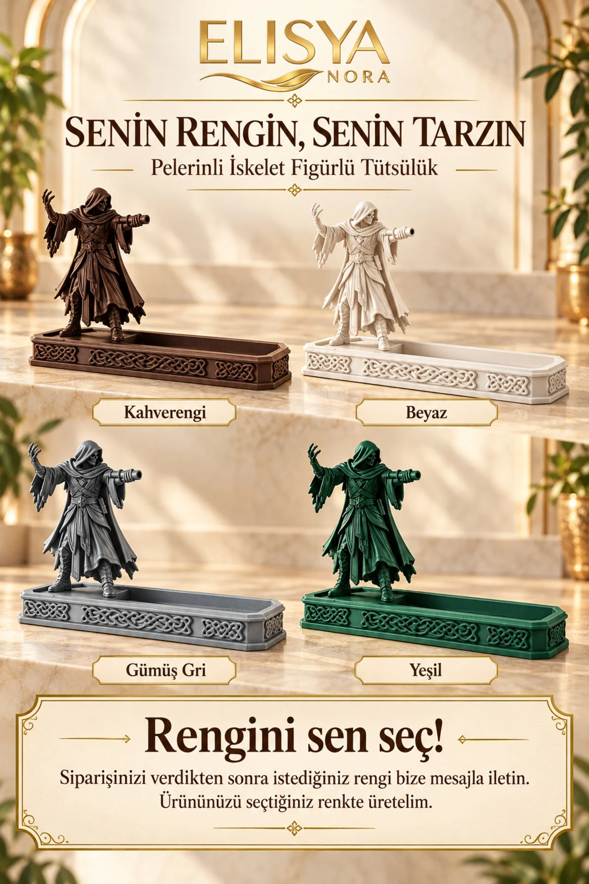 Pelerinli İskelet Figürlü Dekoratif Tütsülük Gotik Tütsü Standı - Görsel 4