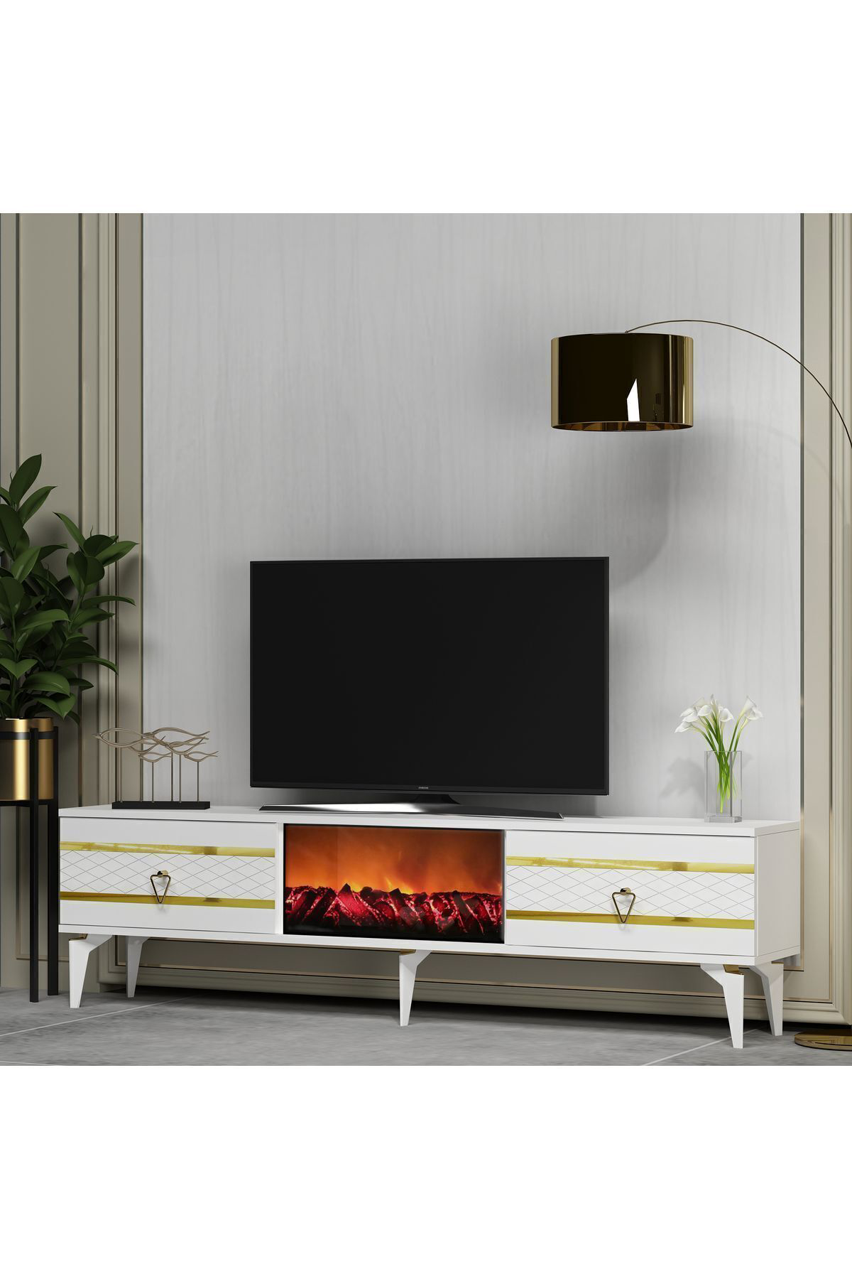 Cantek Dizayn Pellin Tv Sehpasi Şömineli Antrasit-Gümüş