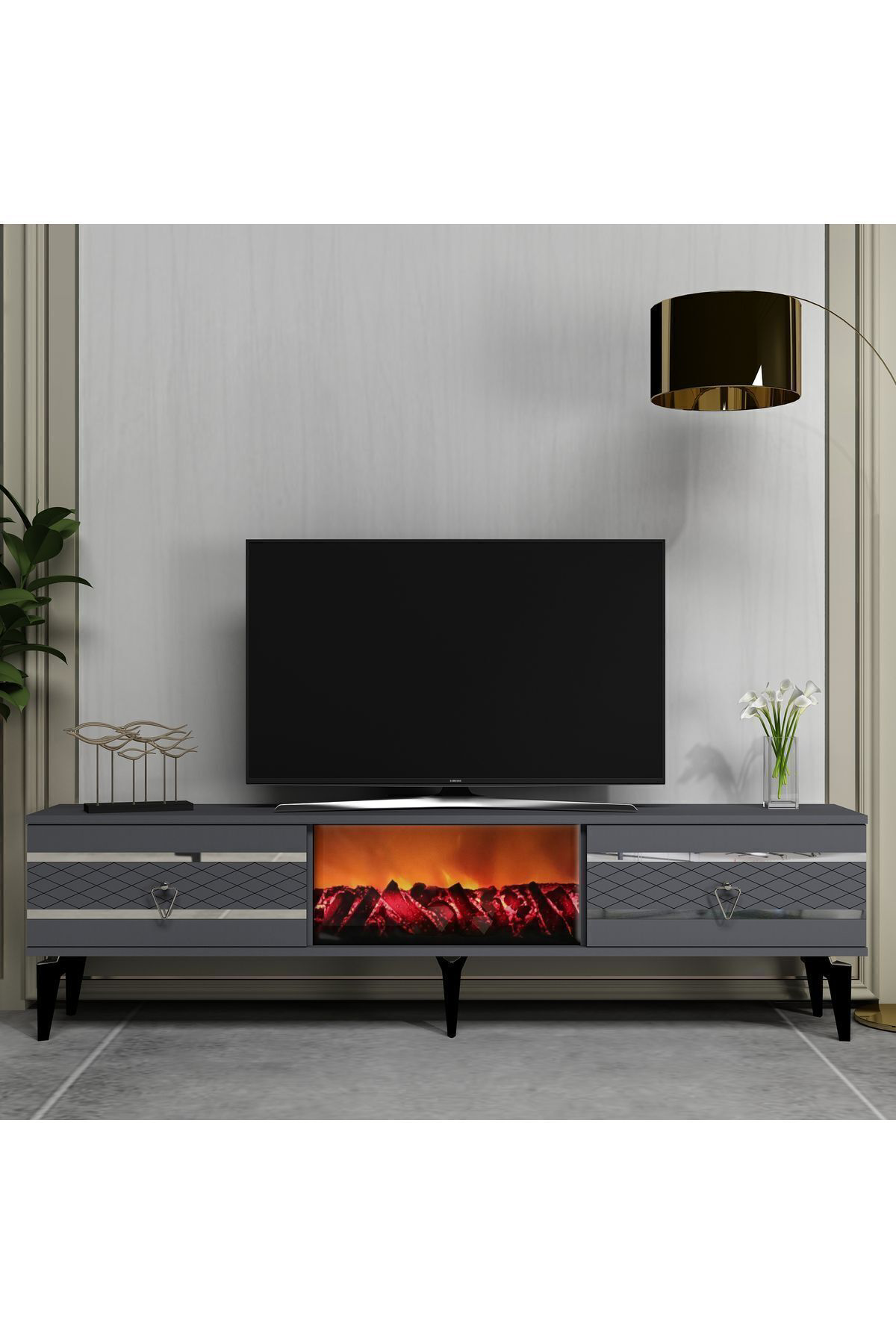 Cantek Dizayn Pellin Tv Sehpasi Şömineli Antrasit-Gümüş