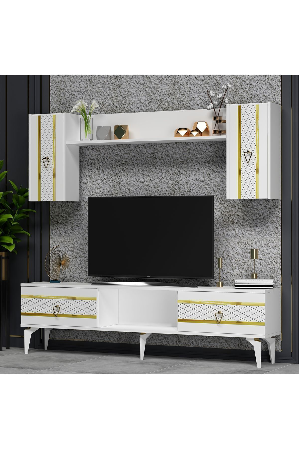 Cantek Dizayn Pellin Tv Ünitesi Takimi Beyaz-Altin