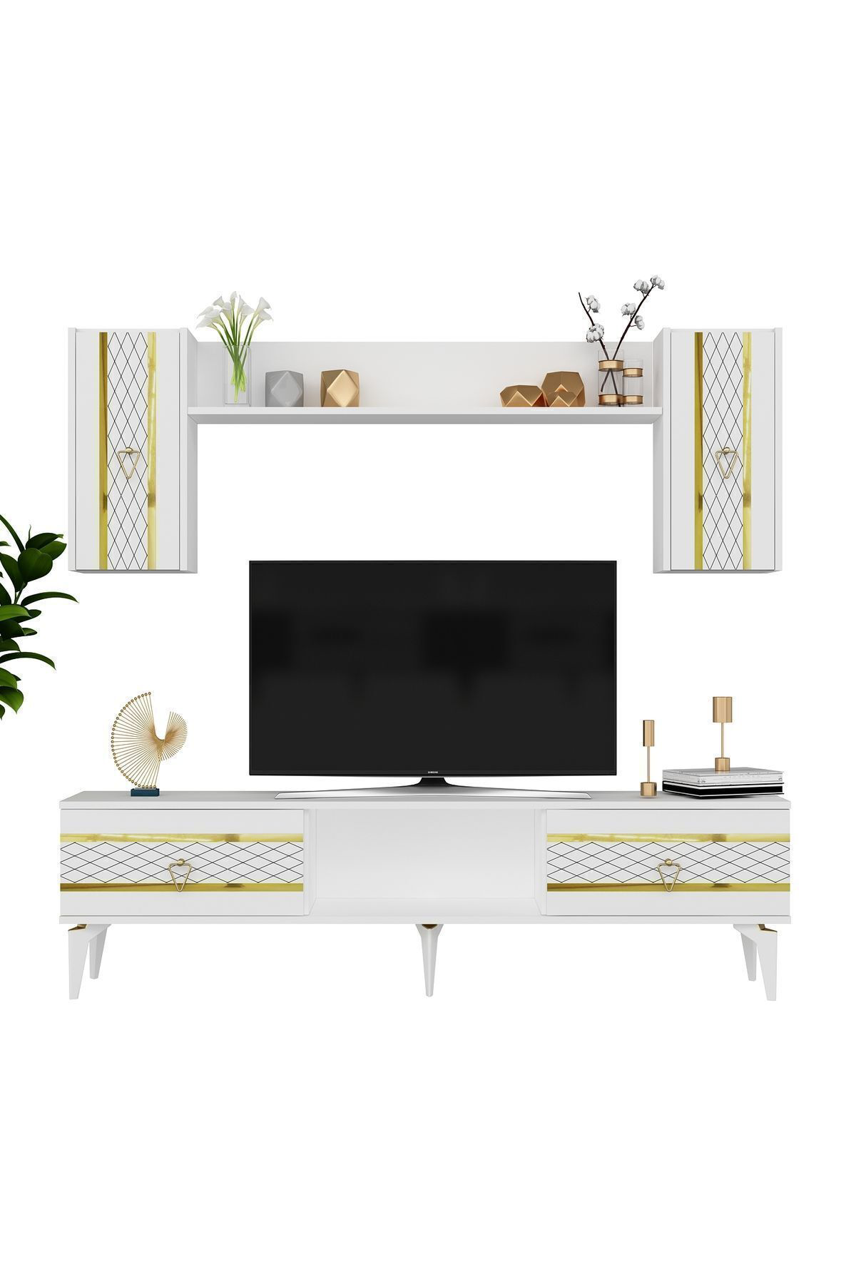 Cantek Dizayn Pellin Tv Ünitesi Takimi Beyaz-Altin