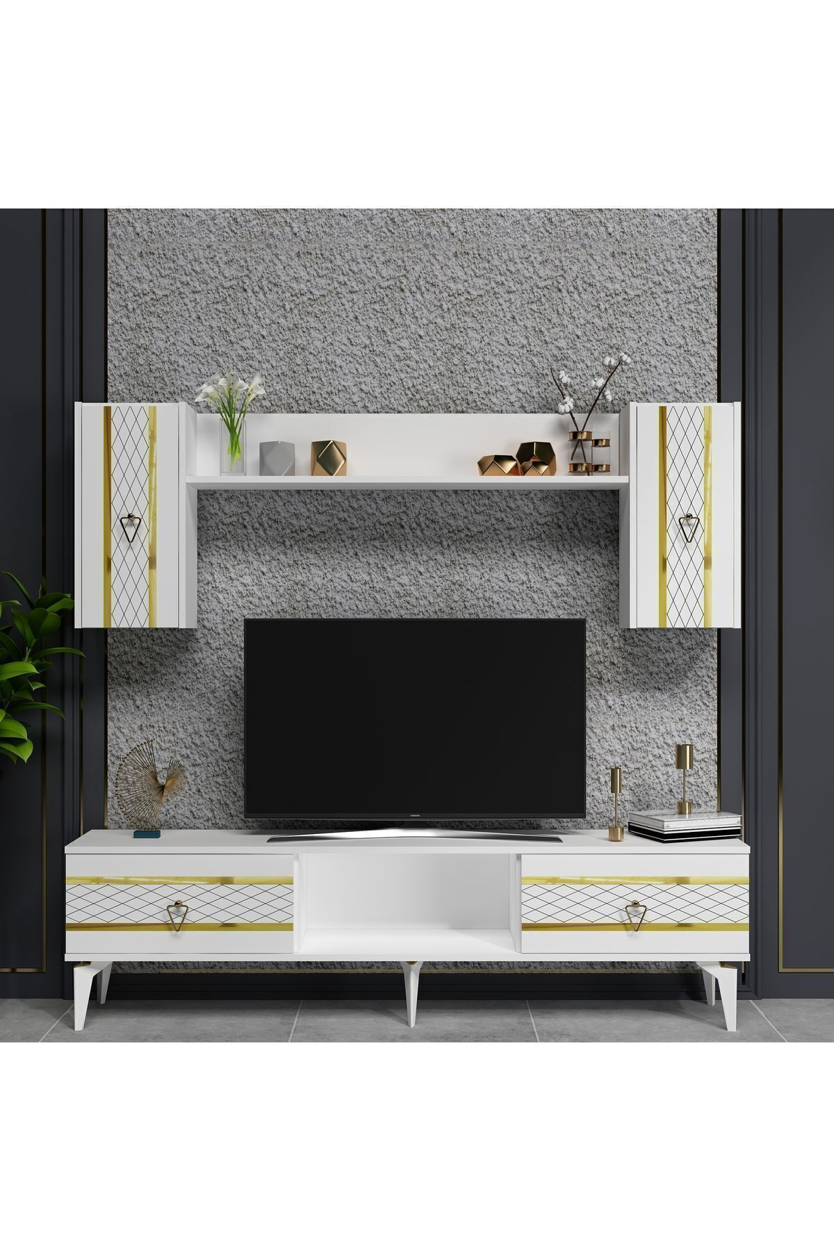 Cantek Dizayn Pellin Tv Ünitesi Takimi Beyaz-Altin