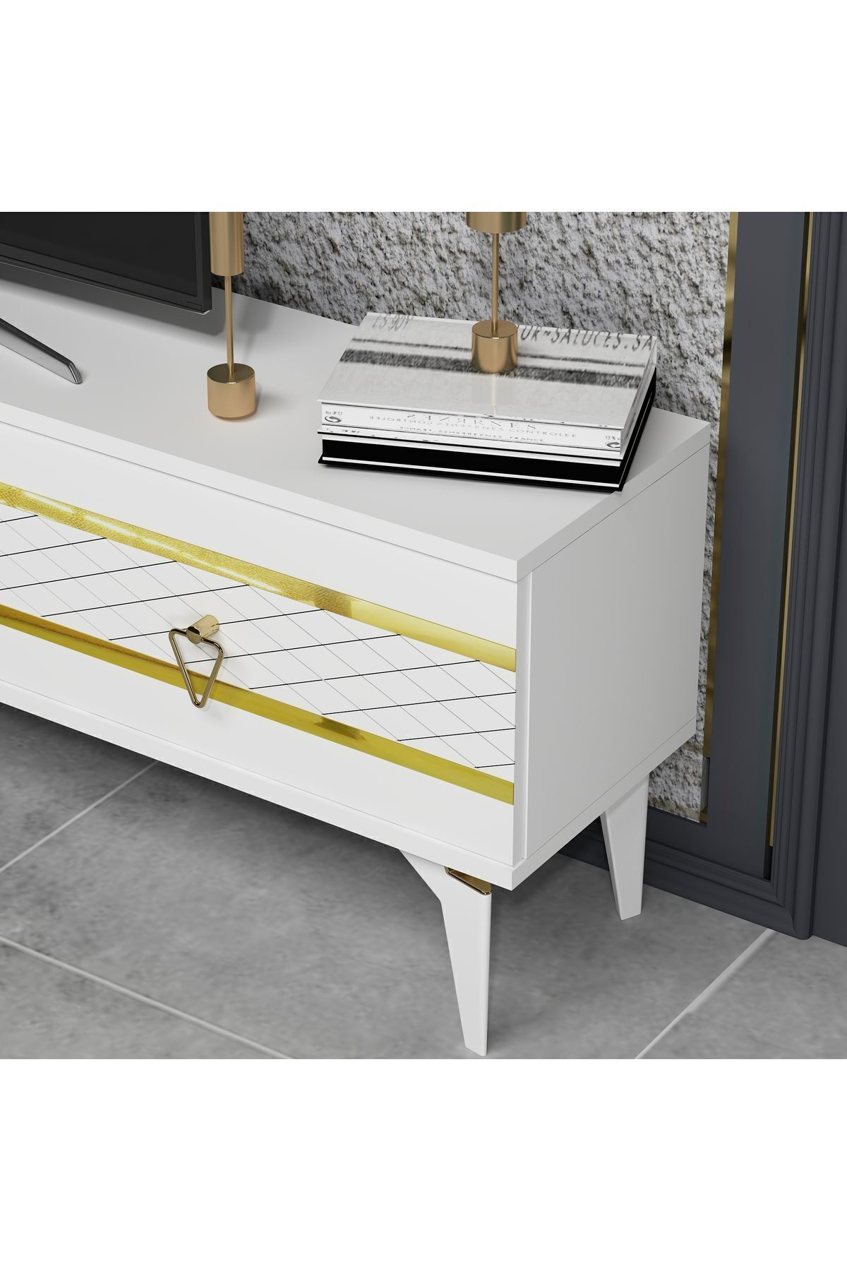 Cantek Dizayn Pellin Tv Ünitesi Takimi Beyaz-Altin