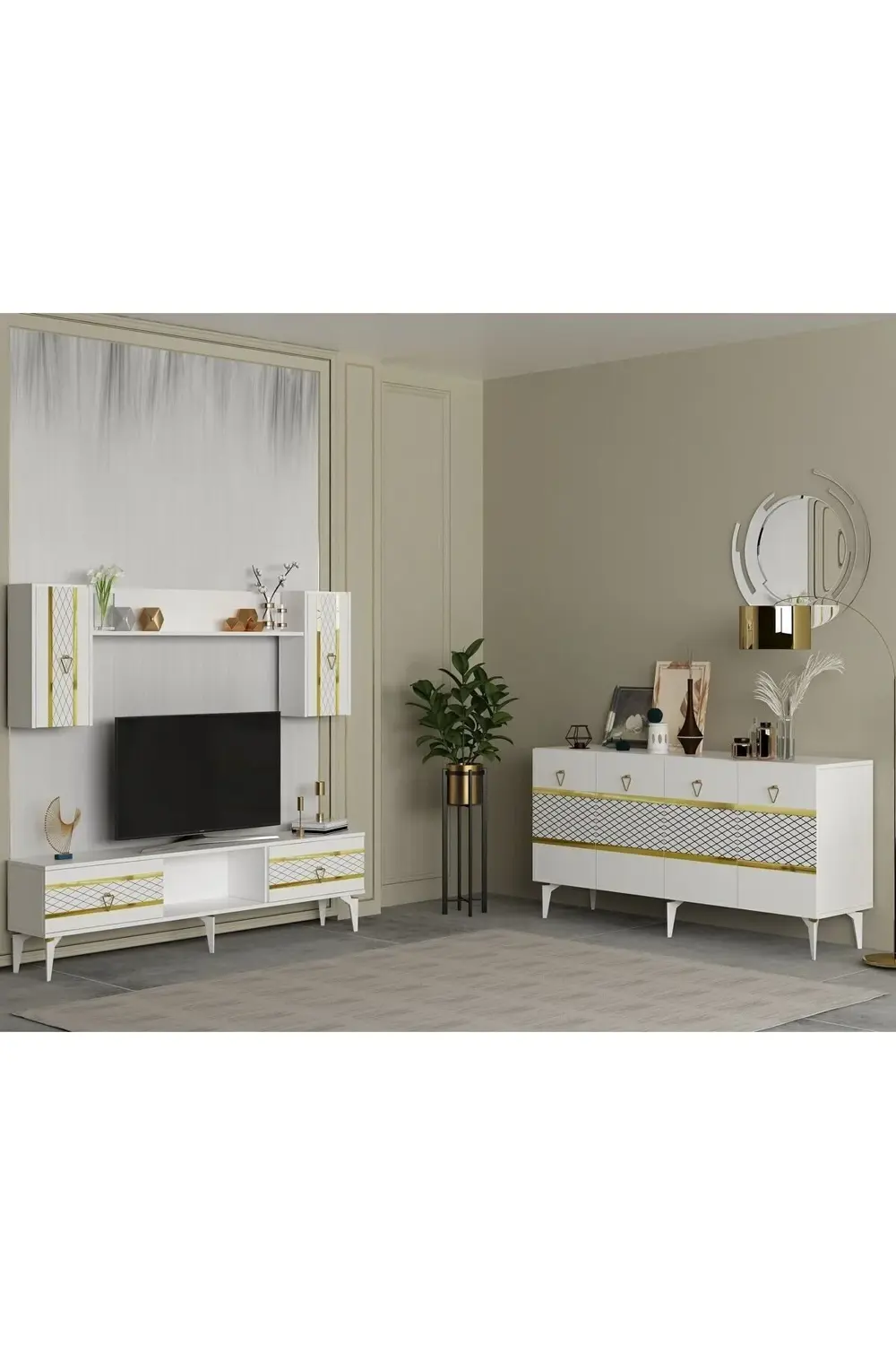PELLİN TV ÜNİTESİ ve KONSOL 2'Lİ SALON TAKIMI BEYAZ-GÜMÜŞ