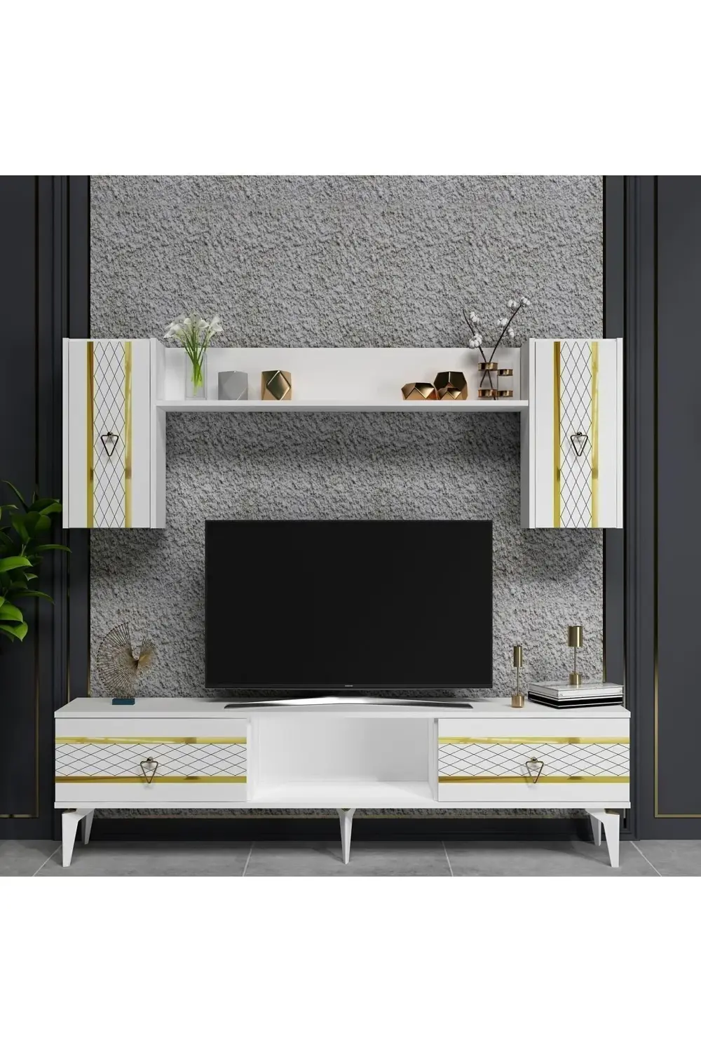 PELLİN TV ÜNİTESİ ve KONSOL 2'Lİ SALON TAKIMI BEYAZ-GÜMÜŞ