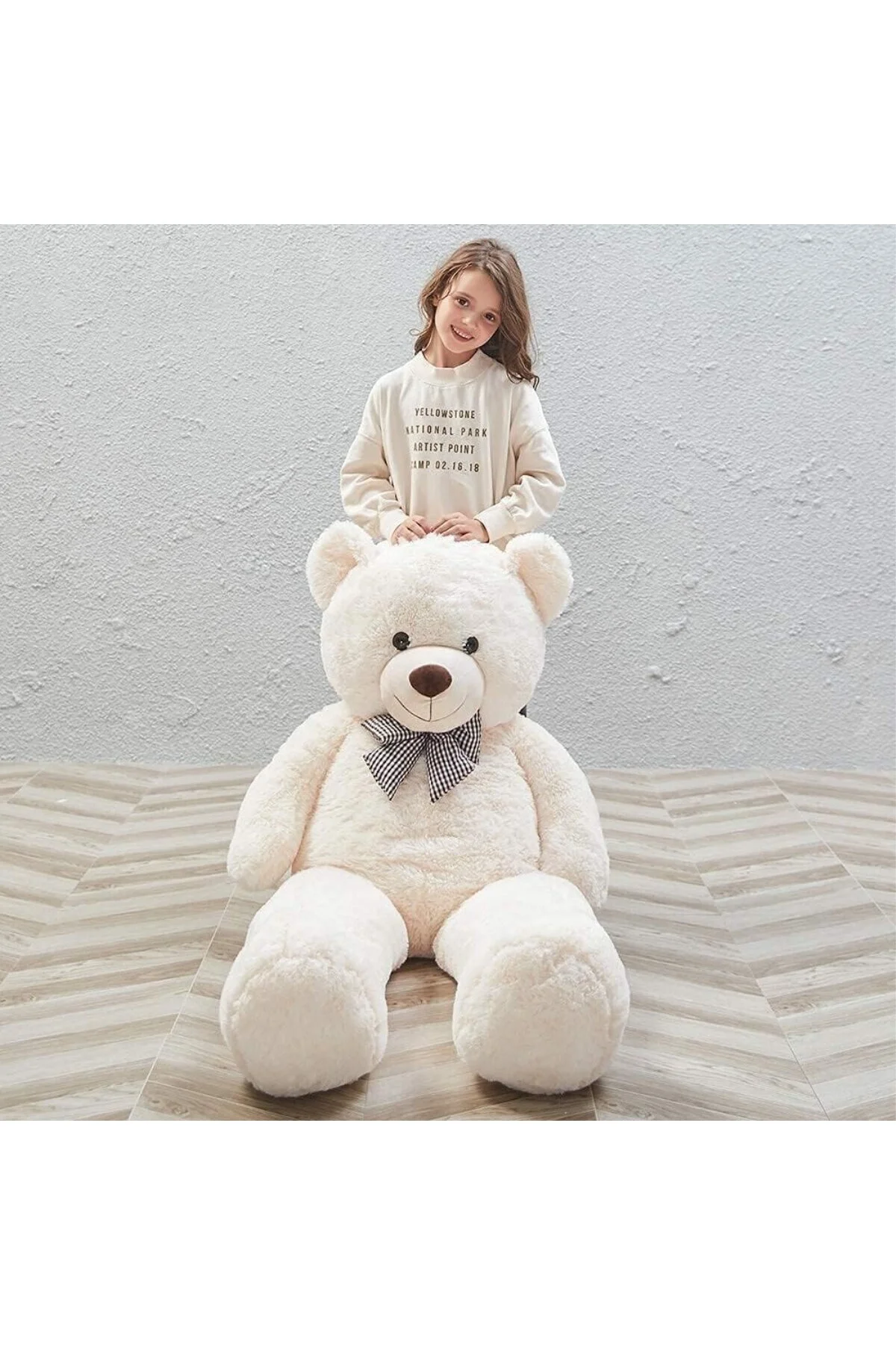 Peluş 120 cm Papyonlu Sevimli Ayı - Sevgiliye Özel Hediye Ekru