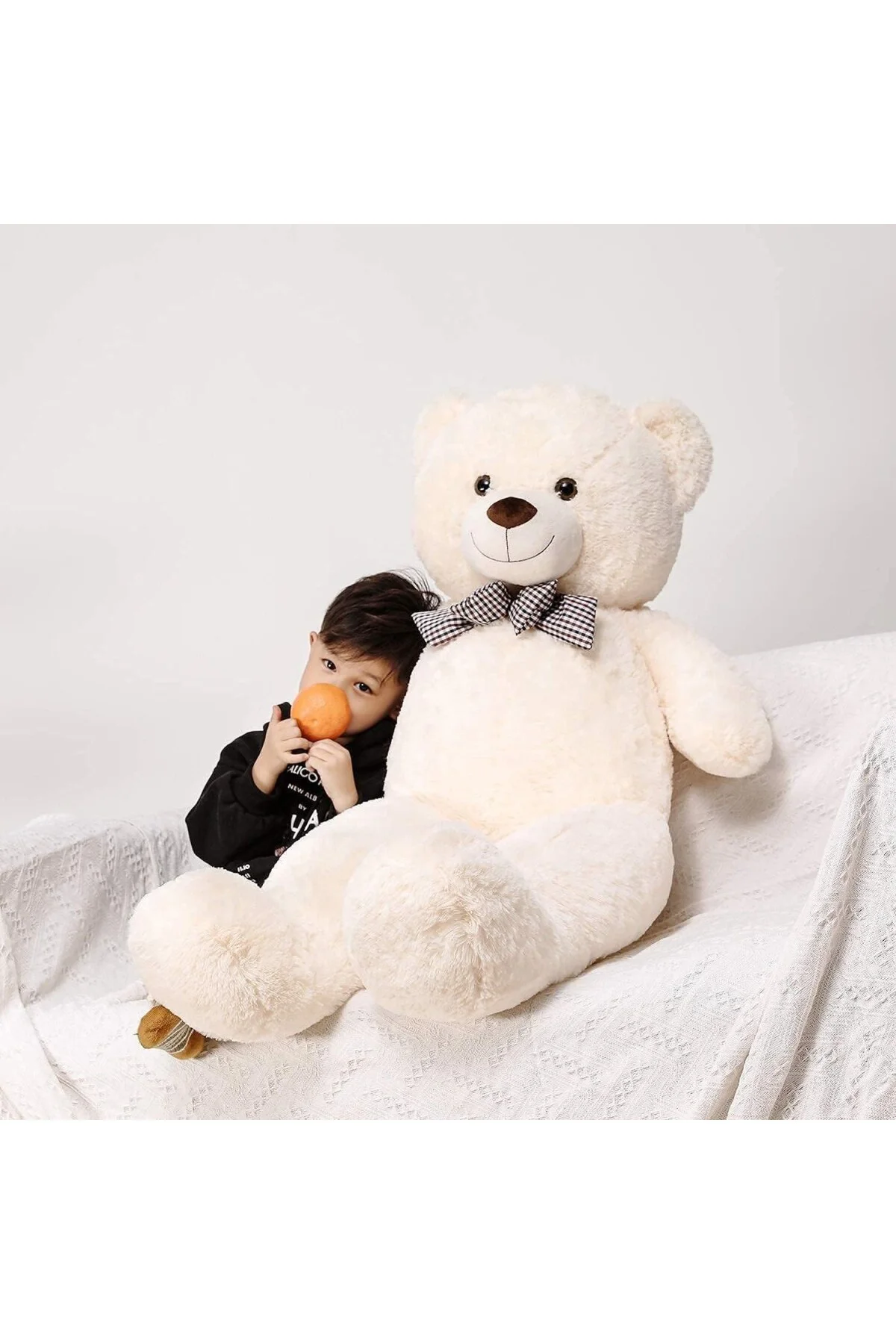 Peluş 120 cm Papyonlu Sevimli Ayı - Sevgiliye Özel Hediye Ekru