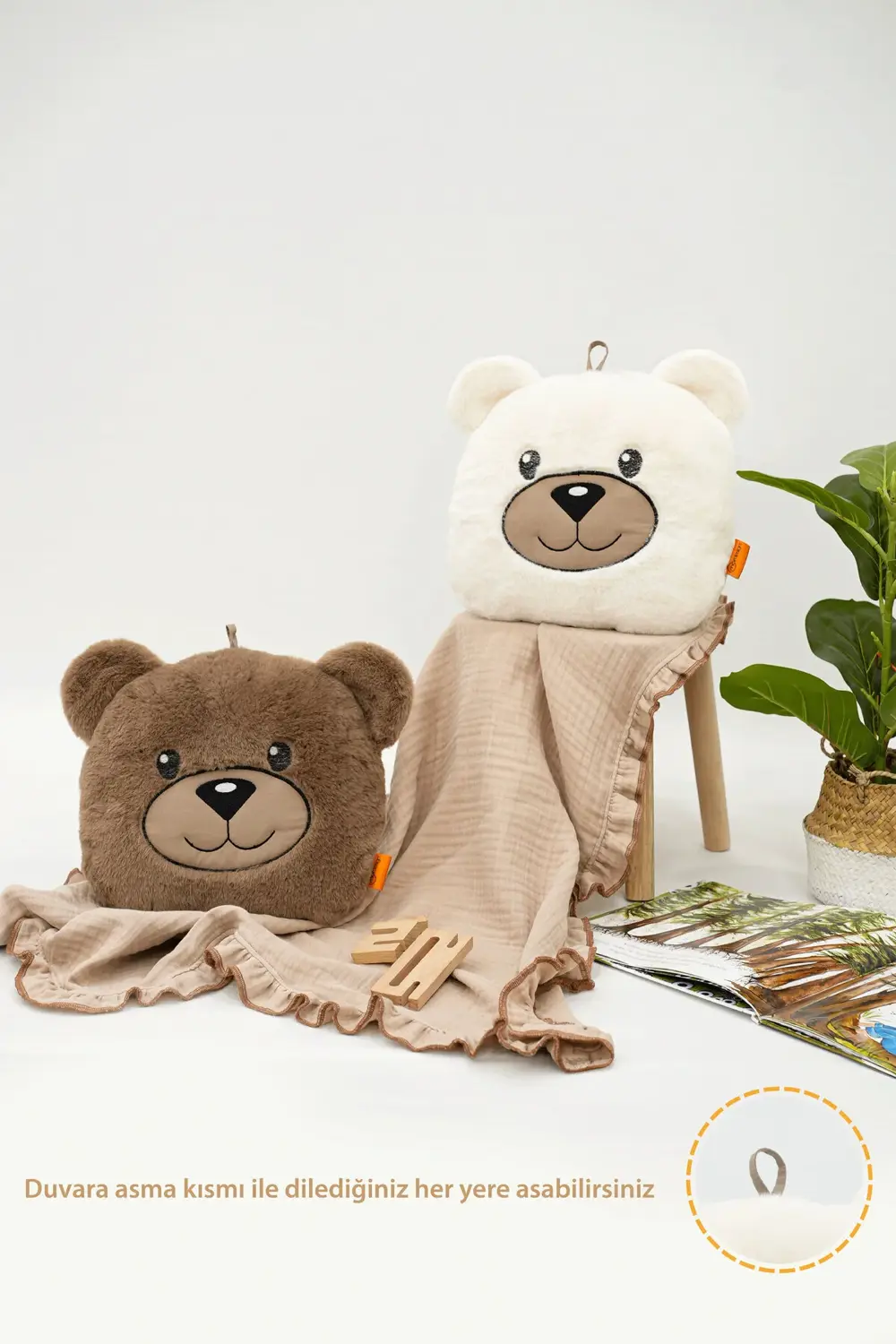 Peluş Ayı Yastık, Sevimli Ayı Nakışlı Kırlent, Peluş Ayı Oyuncak,