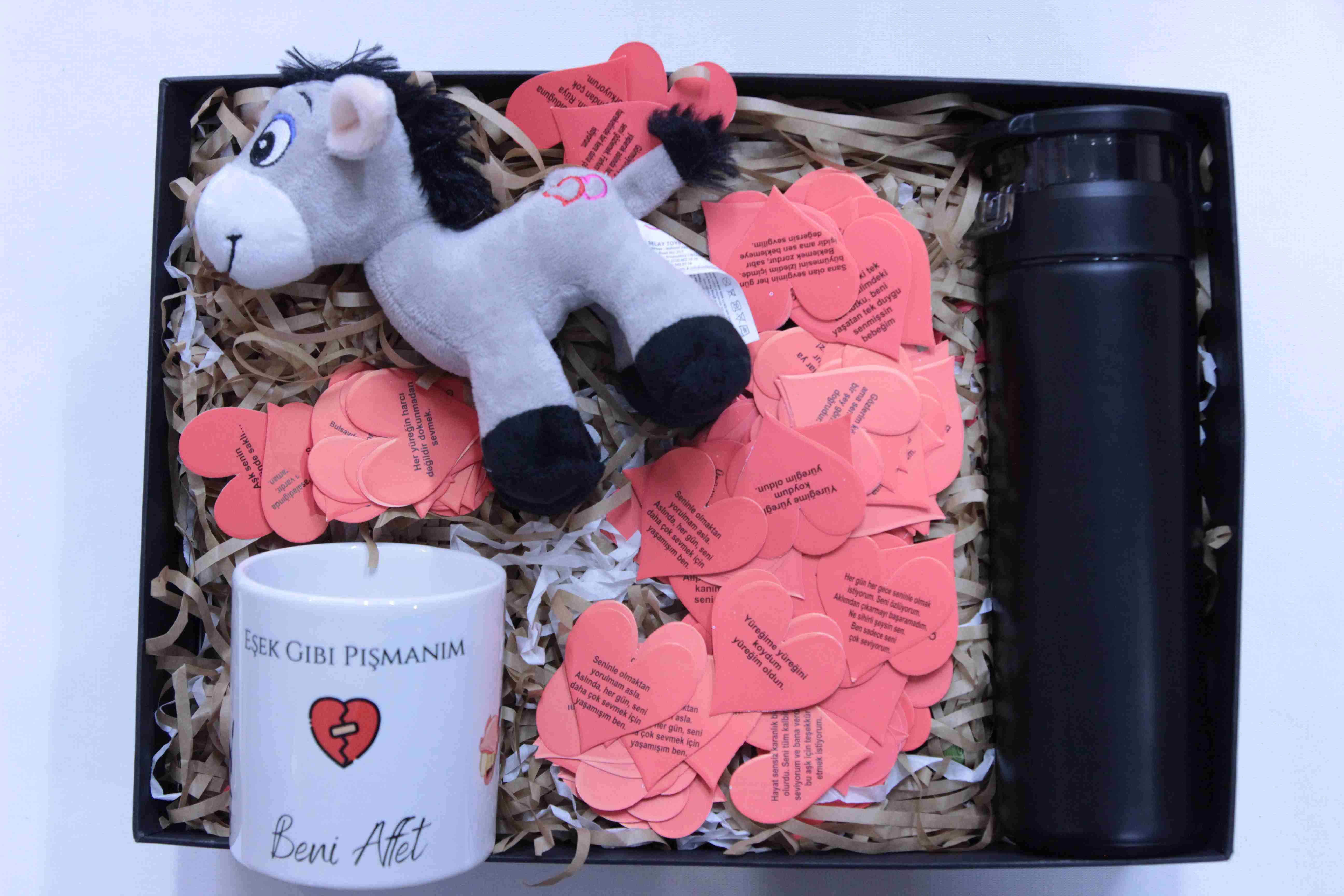 Home Peluş Eşek Beni Affet Kupa Siyah Termos Ve Aşk Sözleri Hediye Seti