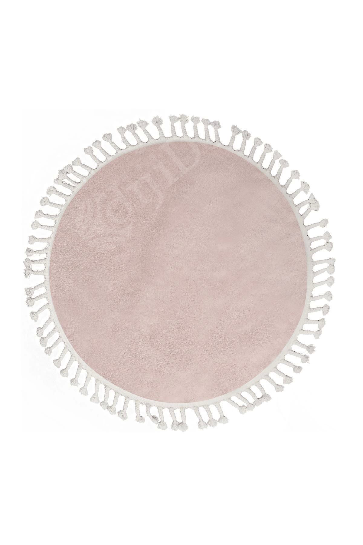 Dijidekor Peluş Halı Pembe Cool Saçaklı Yuvarlak Kesme Post Yolluk Kilim Sa