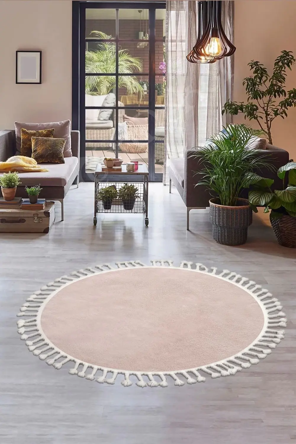 Peluş Halı Pembe Cool Saçaklı Yuvarlak Kesme Post Yolluk Kilim Sa
