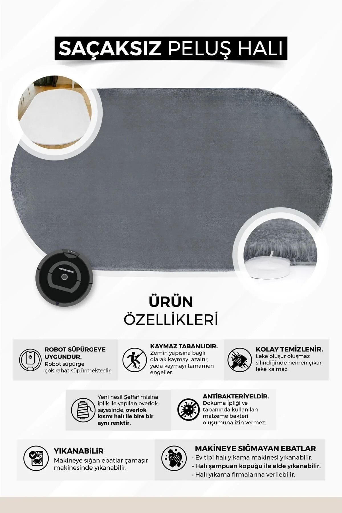 Peluş Halı Siyah Cool Yıkanabilir Oval Post Kesme Yolluk Kilim Salon Halısı Modelleri