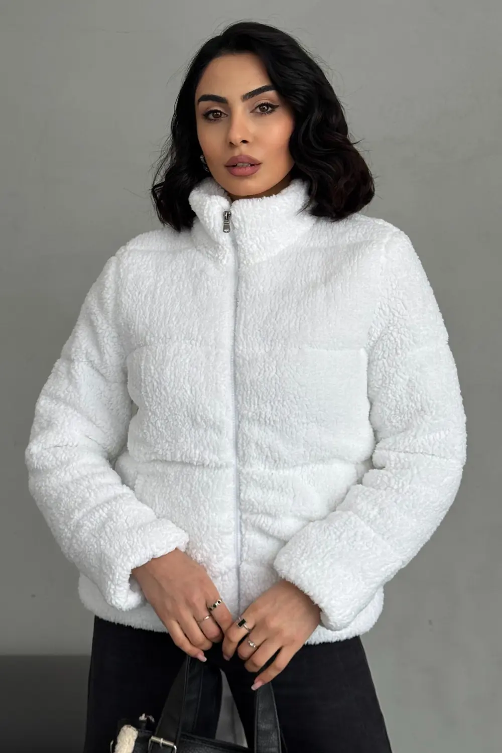 Peluş Kabartma Teddy Kadın Şişme Mont Ekru